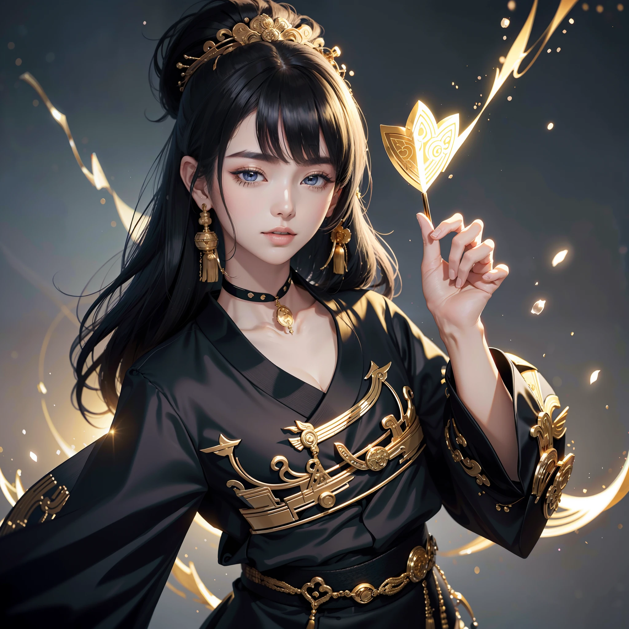 watching at viewers、Background ancient capital、poneyTail、Woman with shiny black hair、{{{Luxury kimono(Black kimono(Detailed golden embroidery,))}}}、face perfect,Depict a beautiful and graceful woman of Japan。Heart in the eye。full body Esbian。 Wallpaper 8K, .Blur the background with a sickle,((masutepiece)), ((Best Quality))