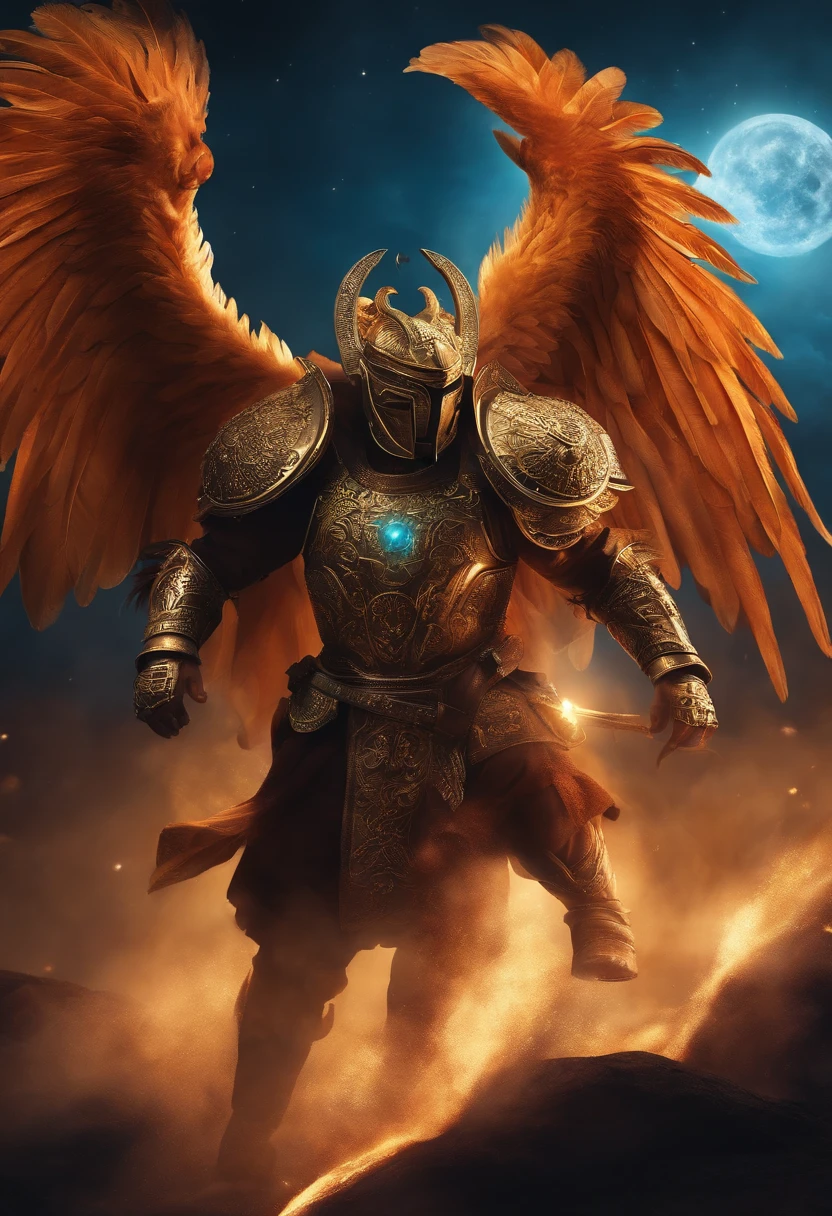 estilo cavaleiros do zodiaco, ikky de fenix, em pe, in attack position, com chamas ao seu arredor.