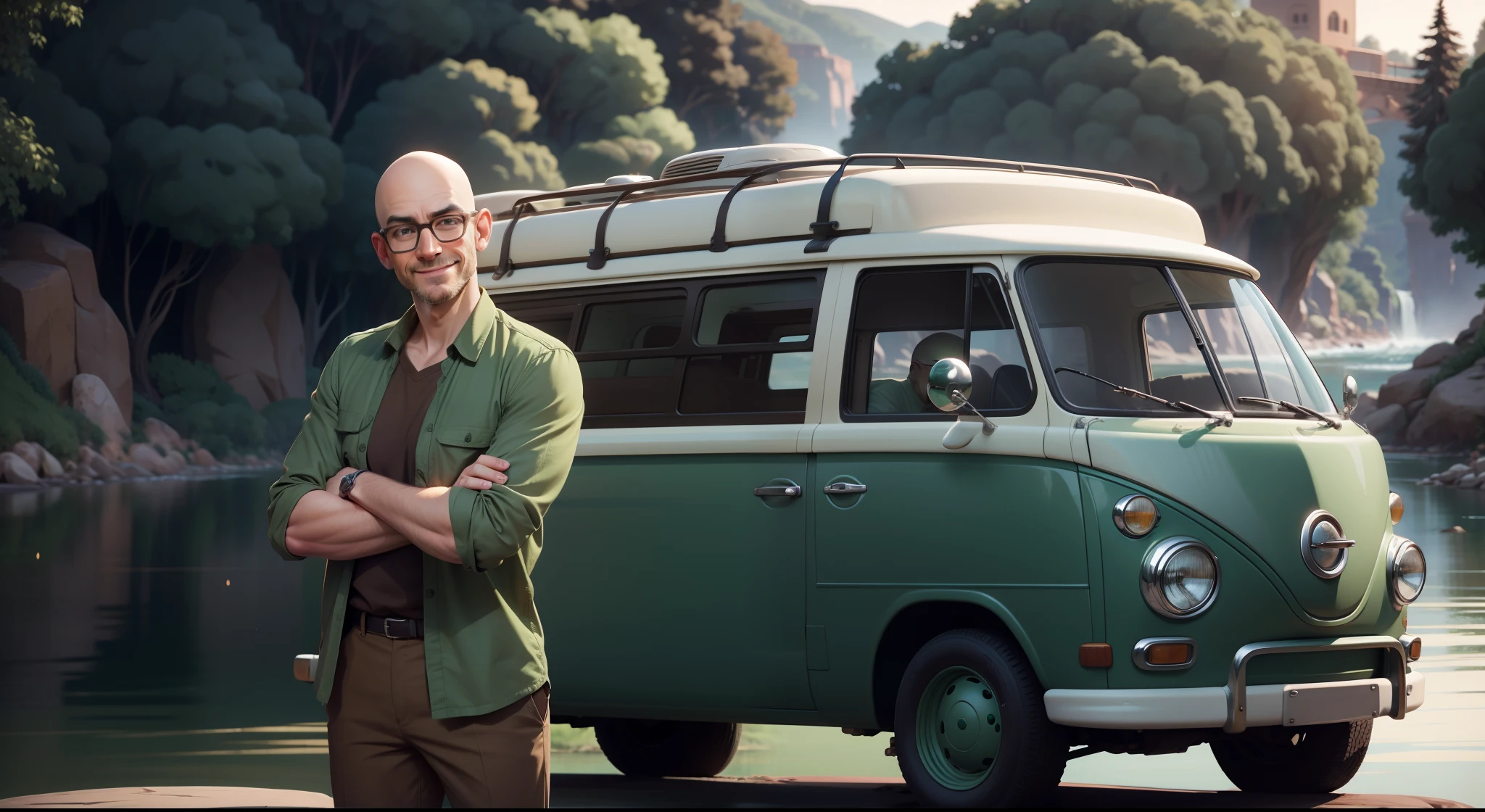 bald man happy expression wearing glasses with a brown shirt next to a green and white kombi van next to a river, pixar disney cartoon style