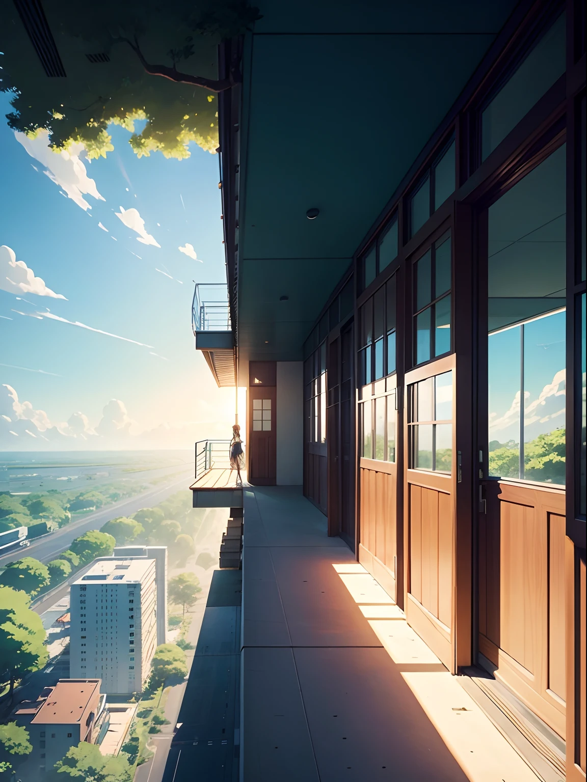 Teaching building with large perspective,Composition from the bottom up,On the left half is the glass of the school building,On the left half is the football field,The sun shines from the left,Green trees,There are several small birds flying in the blue sky,In the middle is the red runway,Anime characters in the middle running on the track, Estilo de Makoto Shinkai,Anime illustration style,Children's illustration style,The composition is vertical