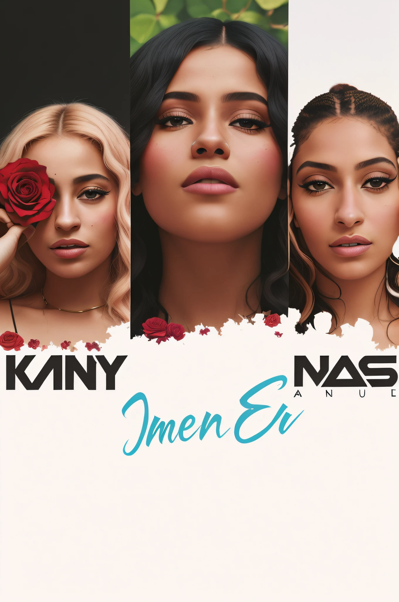 Close-up of a poster with a woman with a rose in her hair, album artwork, official artwork, album art cover, imane anys, album artwork, promo art, Full image, new album cover, album cover, Photo de groupe, - n 5, -n 5, Dans, (Vignes), album cover!, Nicki Minaj