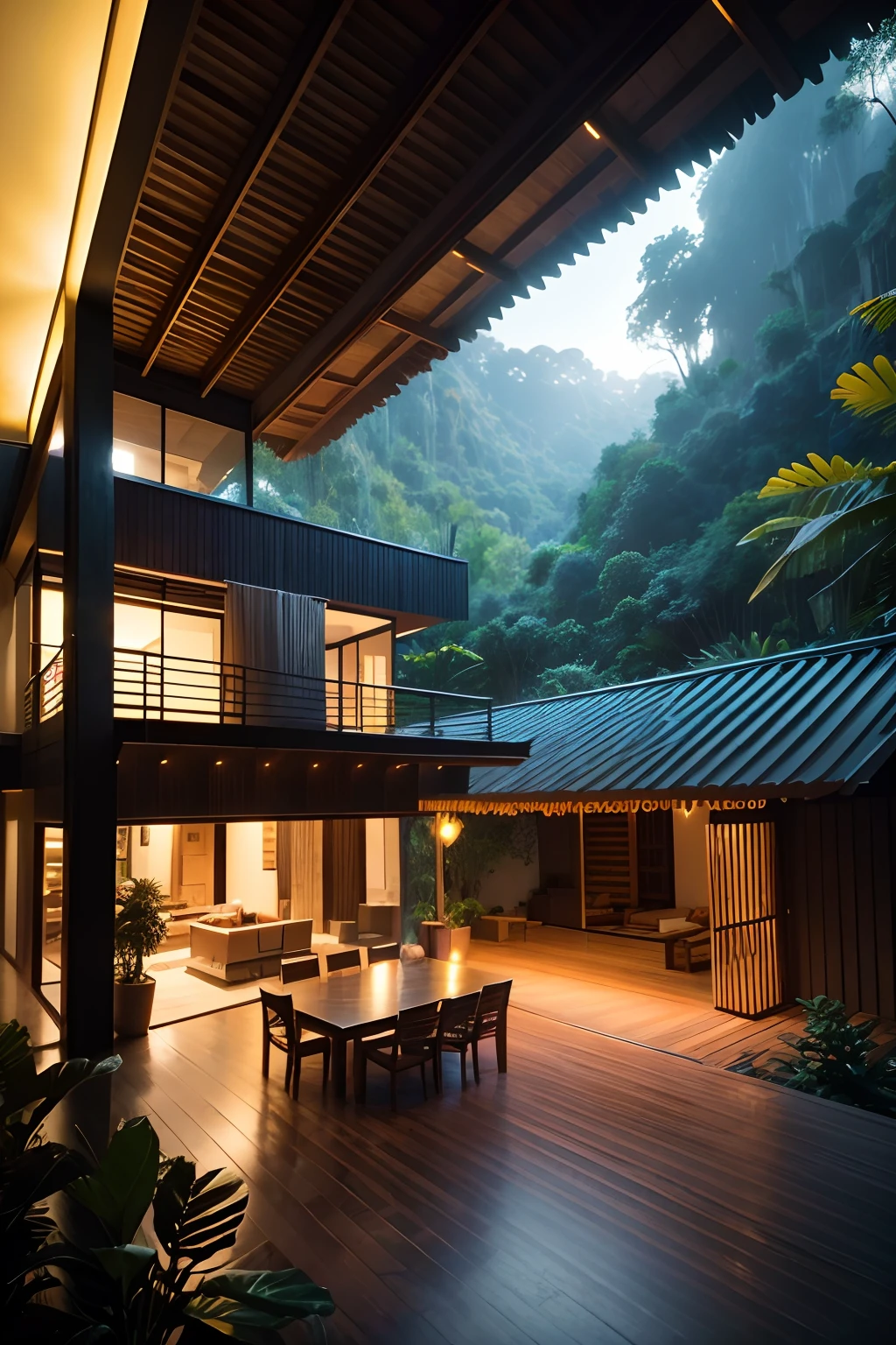 Boho style, luxury jungle villa with roof garden, glass villa with a sloping roof, modern, dynamic (RAW photo, real, best quality, masterpiece:1.2), (hyper realistic, photo-realistic:1.2), high quality, (dark lighting:1.2), perfect lighting, archdaily, award wining sustainable architecture, cinematic light, golden hour light