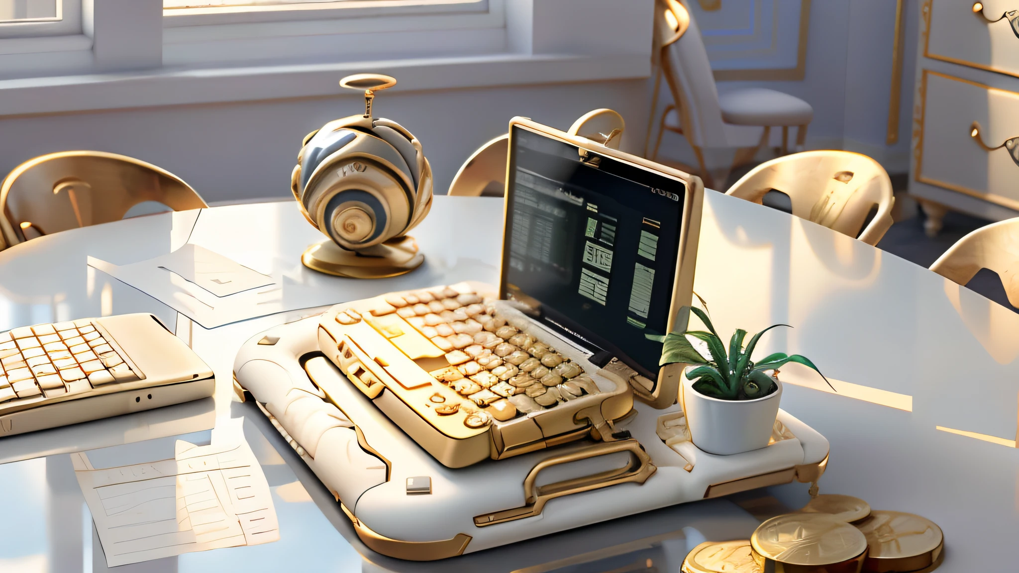Ivory Gold AI calculator on table,There are a lot of coins next to it