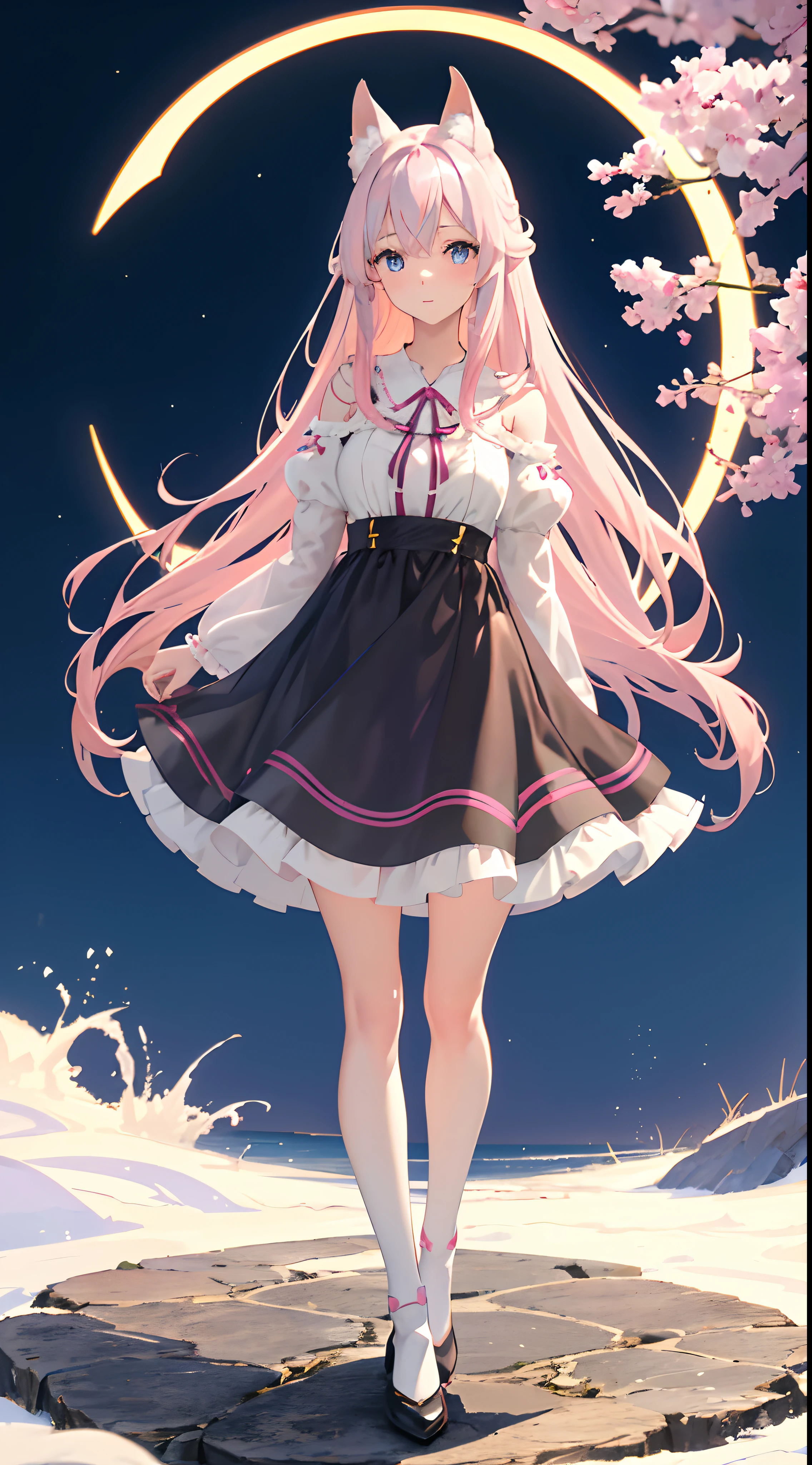 (tmasterpiece:1.6,best qualtiy),(Fine beautiful eyes:1.2),one-girl,anime coloring,A pink-haired,Plush ears,Floating hair,Sexy nightdress,cropped shoulders,a purple eye ,anime colors,fox ear,Ears stand tall,White stockings with lace,Black leather shoes,Full-figured
