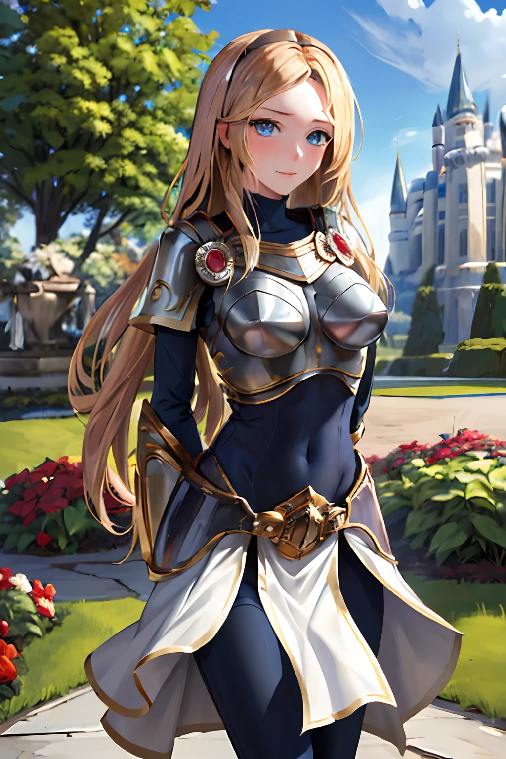 masterpiece, best quality, highres, lux1, long hair, 1girl, solo, armor, breastplate, bodysuit, gloves, white gloves, boobplate, arm behind back, outdoors, castle, garden, embarrassed, looking at viewer,