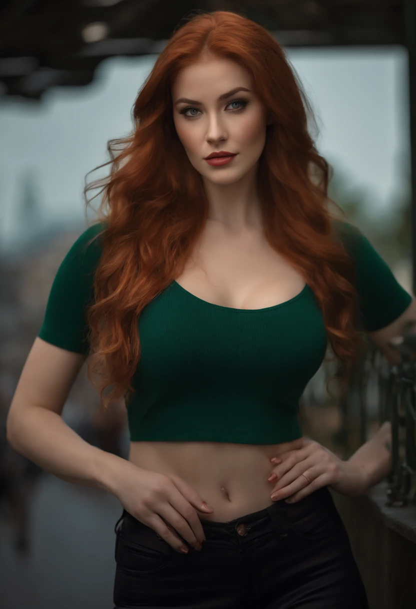 professional, (4k photo:1.1) by (Jeremy Lipking:0.3), (Dittmann Anna:0.3), (Arian Mark:0.3), (Sharp focus:1.3), high detail, wearing (tight shirt:1.2), beautiful detailed face, an attractive woman with long red hair looks into the camera, looking like actress Katherine McNamara, panasonic lumix s pro 50mm f/1.4, anne stokes, color splash, dark orange and dark emerald, ferrania p30, photo realistic, (attractive young woman:1.3), (seductive:1.1), (blushing:1.1), hourglass body shape, big round breasts, wide hips, in background city, taking selfie, wearing jumper