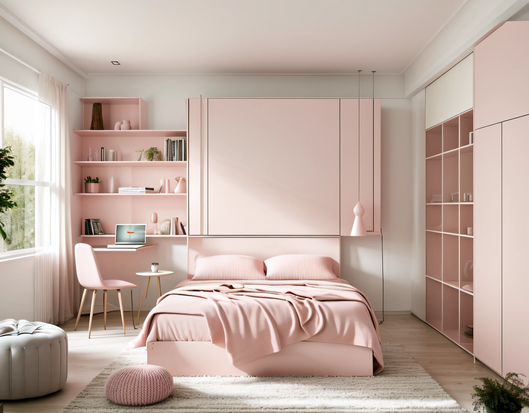 RAW photo,Masterpiece, high quality, best quality, authentic, super detail,
interior, indoor, modern interior with bed, table and chair, cabinet, wardrobe, rug, windows, ceiling light ,bookshelf, Modern minimalist lines, modernism, soft light
(day:1.1), vivid colour, vray,( light pink pastel:1.2)