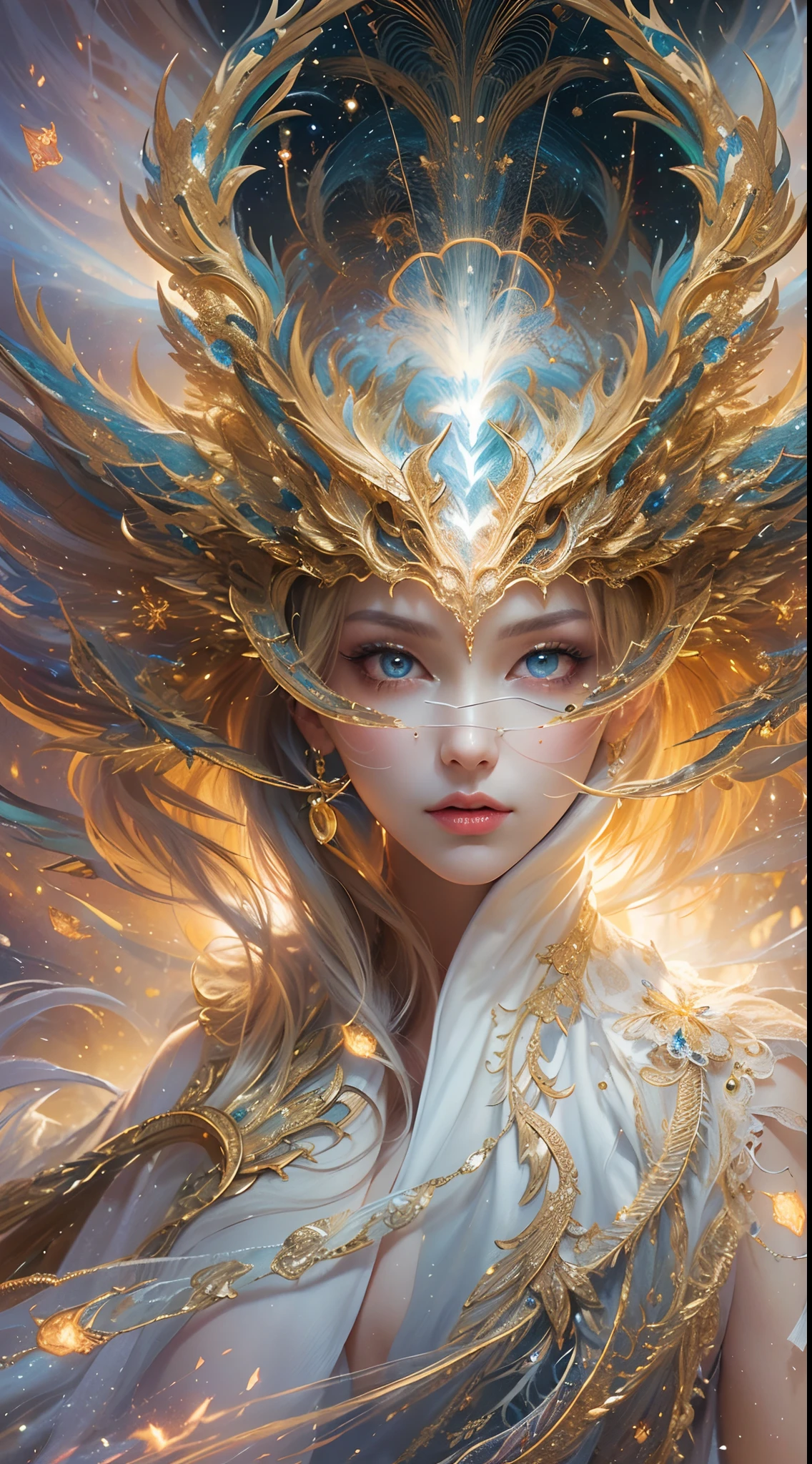 (masterpiece, top quality, best quality, official art, beautiful and aesthetic:1.2), (1girl), extreme detailed eyes, (fractal art:1.3), colorful, highest detailed, (perfect face), shiny skin, HDR, (white cloak golden lines:1.2), galaxy, (light streaks), striking visuals, (dynamic streaks, luminous trails:1.2), vibrant colors, (phoenix), (dragon)