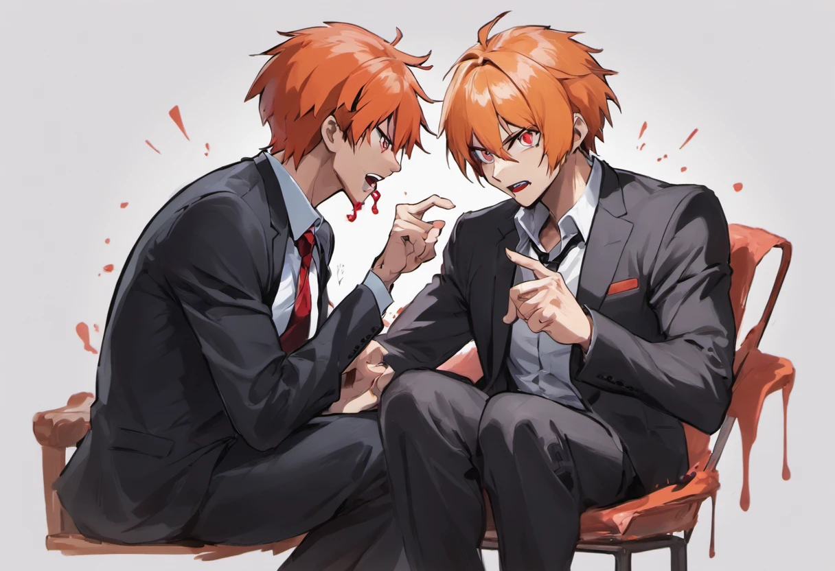 ichigo kurosaki sitting talking to a man, in a suit, white background