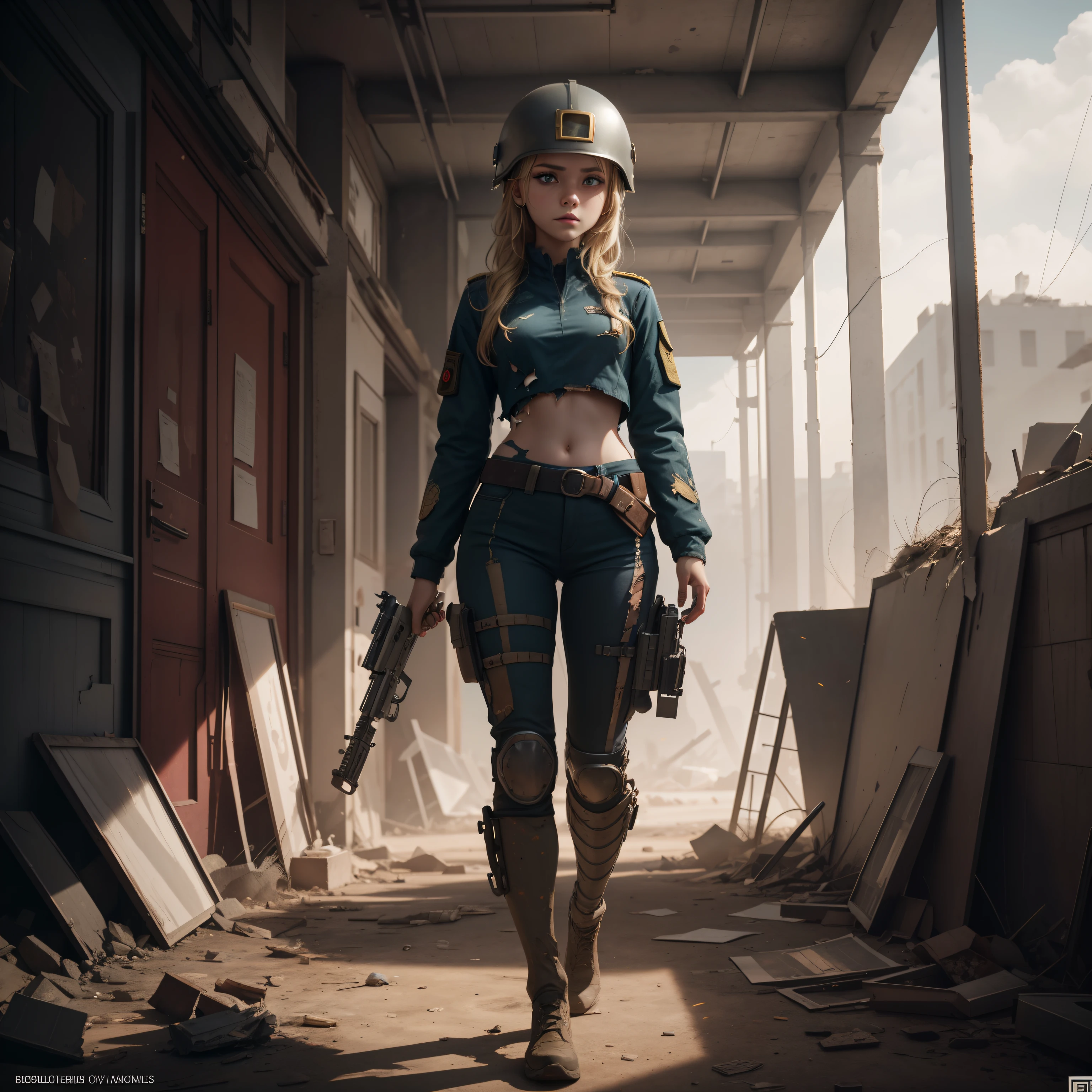 Destroyed towns,ukrainian girl , Ukrainian anime girls , , Ukraine , Full body composition of young girl with messy bright blonde hair, eye make up, , Soft lighting, Solo, Old torn dirty shabby futuristic military uniform, badges, Pose, Blotch color, Octane Render, Hyperrealistic intricate detail, Cinematic, 8K resolution, 70mm, Accent Lighting, Global Illumination, Full body portrait, clean detailed faces, intricate clothing, Cute face, flat chest, Slim waist, Slim legs, small hips,Wearing a thick steel combat suit,Wearing a combat helmet,Gatling gun in hand,