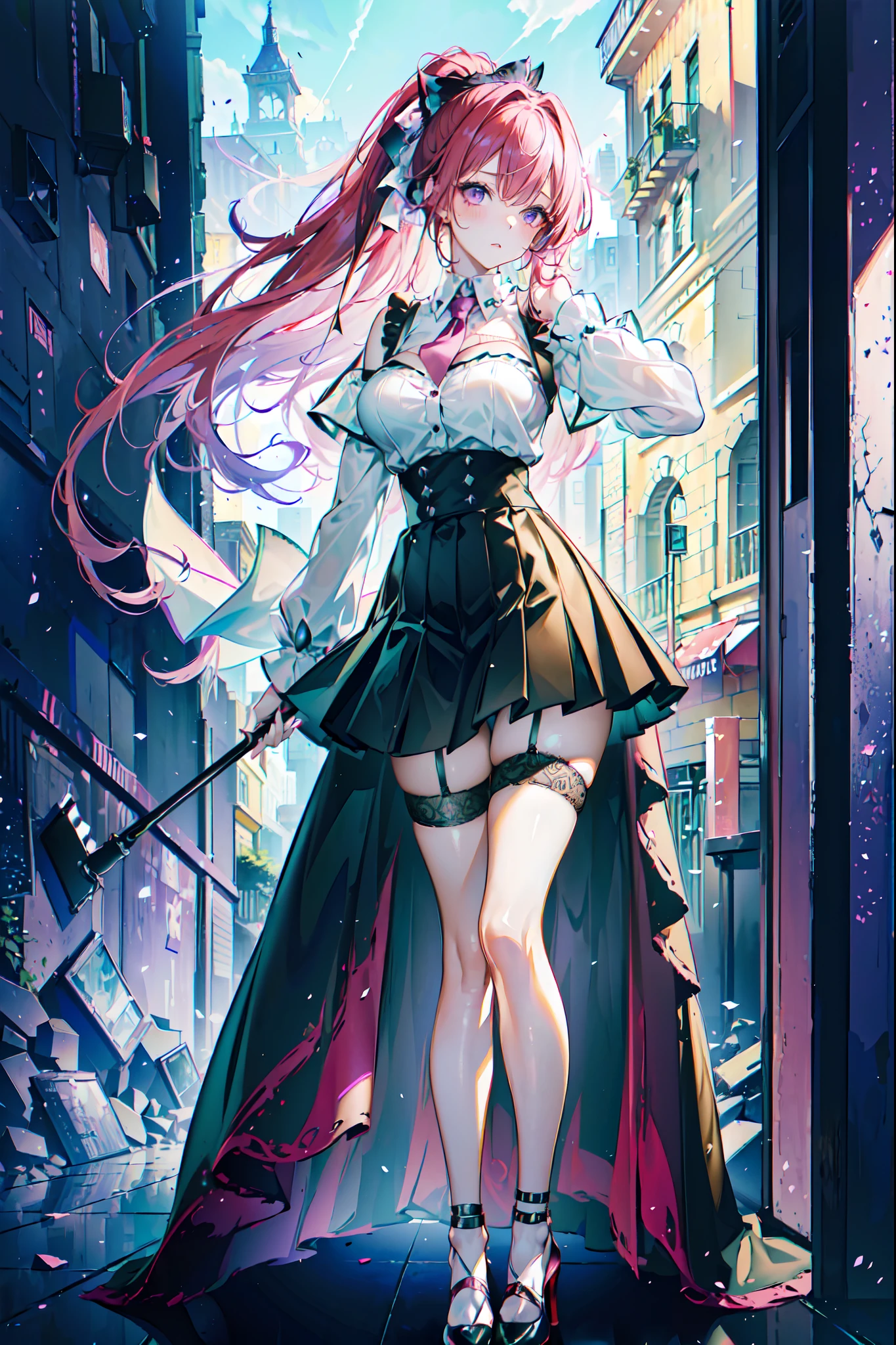 (Masterpiece, Best quality, High quality:1.4), Professional artwork, Intricate details, Field of View, Sharp focus, Detailed painting, Masterpiece, Cinematic lighting, trending on pixiv, (Vivid lighting, Vibrant colors, author:Nagasawa rose:1.05),
Hiroko Takashiro, (Mature female, A MILF:1.1), Solo, (Curvy:1.1), standing, (Full body shot:1.1),
(Red hair:1.05), Long hair, High ponytail, lipstick, Makeup, Ultra Detail Hair, Ultra Detail Face, (Purple eyes:1.05), Perfect eyes, Perfect face, (Confused, Blush:1.2),
shirt, (black thighhigns, a garter belt:1.1), zettai ryouiki, Pleated skirt, Green skirt, White shirt, high-heels,
(Large breasts:1.1), cleavage, Big ass, Thighs,