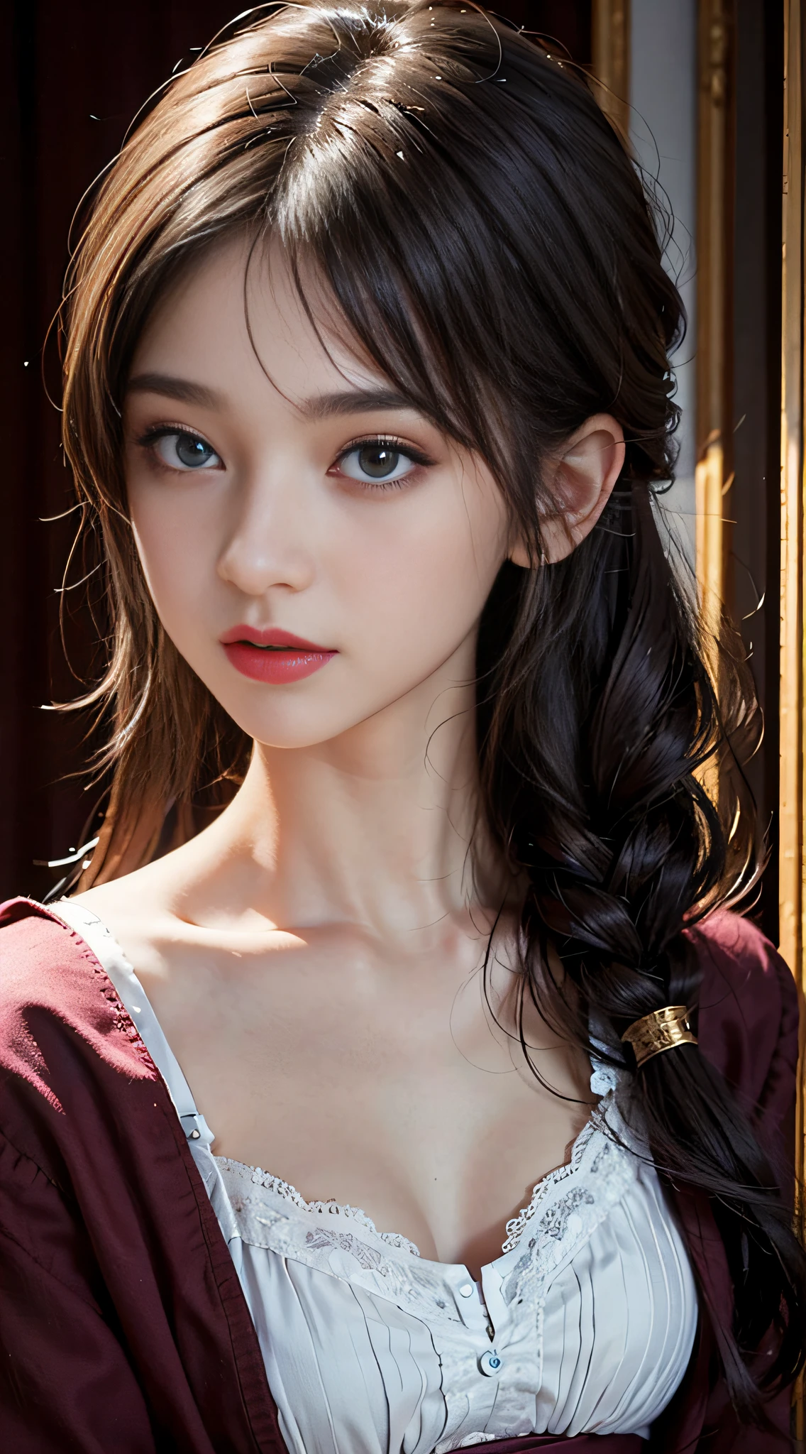 ((masterpiece:1.4)、(top-quality:1.4)、(reallistic:1.7))、masuter piece:1.4、kawaii girl、Portrait photo of a girl、Close-up photos、Upper body photography、beautiful countenance、kawaii faces、A detailed eye、Draw the eyes clearly, Beautiful and attractive eyes、beautidful eyes、Narrow waist、poneyTail、Raw photo、red-lips、1 screen display、