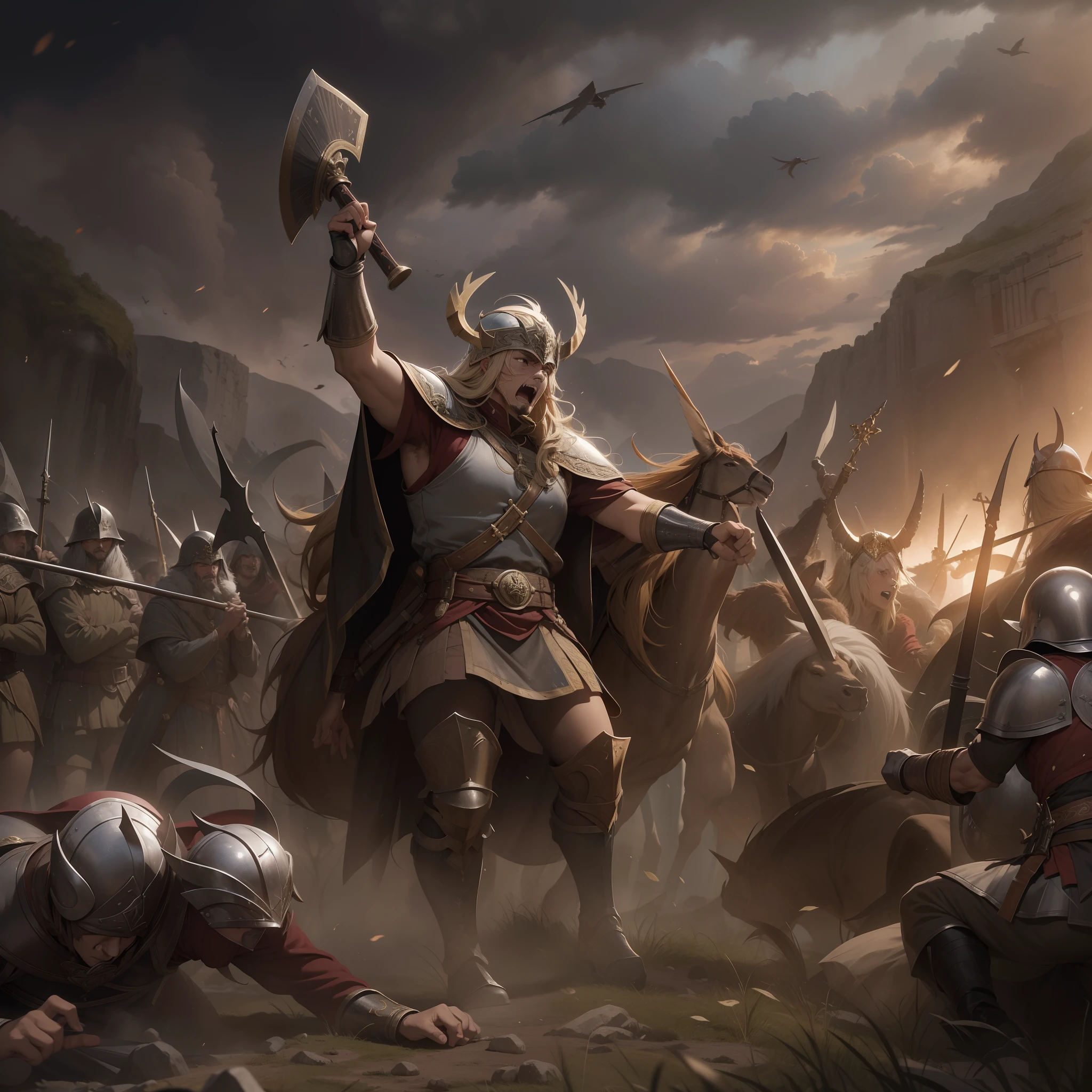 (La mejor calidad, Altas Resoluciones, fotorrealista:1.37), Ultra detallado, Hachas de guerra vikingas, resplandor celestial, Guerreros feroces, Antiguos campos de batalla, Guerreros de los dioses, Epic showdown, potencia intensa, Historical war, Dramatic lighting, Mystical aura, Armas divinas, Mythical battlefields, Lucha legendaria, Campeones heroicos, Fearless warriors, Leyendas antiguas, grito de guerra, Triunfo y gloria, immersive atmosphere, Epic combat, Escena impresionante, Mythical warriors, Old Norse, film-like composition, intense energy, Mythical heroes, mythical creatures, Fierce determination, Awesome action, dynamic poses, Choque monumental, Ethereal Beauty, Mythical realms, Mythical force, Divine Intervention