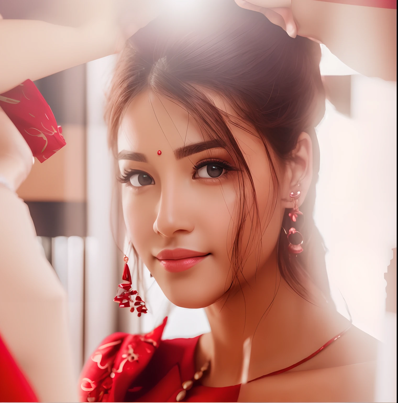 realistic face , cute , home background, 8k, clear eyes, beautiful lips , smooth skin, beautiful earrings, HD, beautiful red dress,