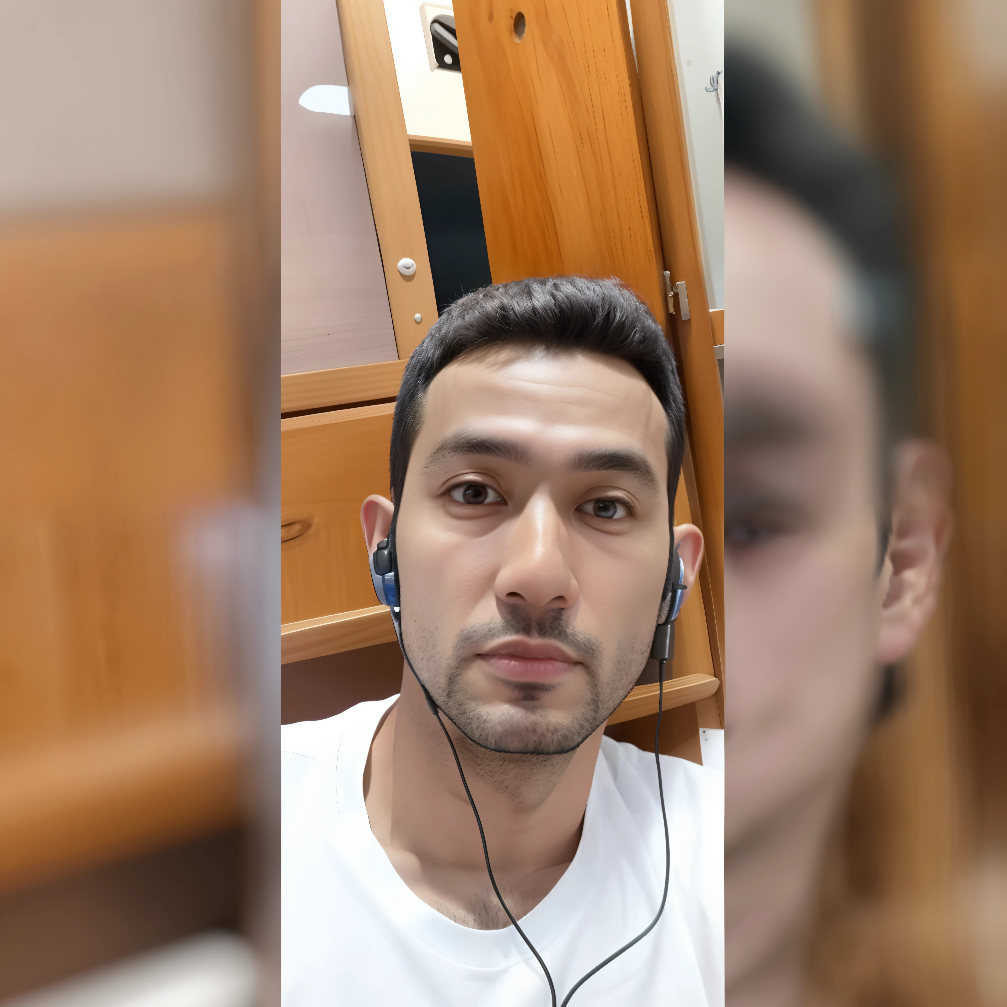 there is a man with headphones on and a wooden cabinet behind him, facebook post, 3 2 - year - old man, with accurate face, 8k selfie photograph, 2 4 - year - old man, facebook profile picture, ayan nag, without helmet, ismail, 2 , viral post, mohamed chahin style, mohamed chahin, 3/4 profile