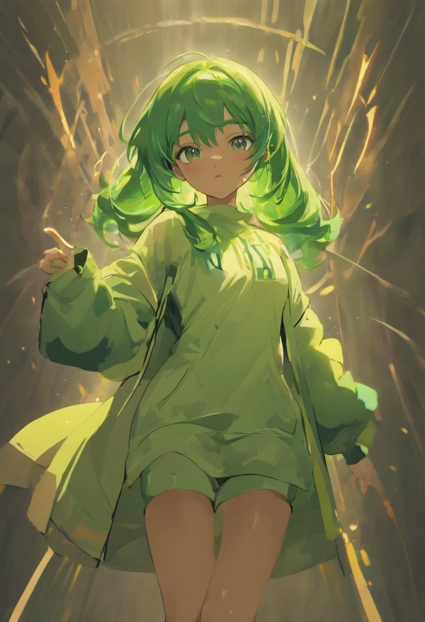 (best quality,4k,8k,highres,masterpiece:1.2),ultra-detailed,(realistic,photorealistic,photo-realistic:1.37),character art,anime,full body,dark skin,green hair,almond eyes,accurate features,accurate anatomy,cute,character profile,Adam Hughes,detailed drawing,fine linework,vivid colors,bold shading,soft lighting,dynamic pose,stylish,background with depth,light shadows,smooth gradients,stylish clothing,digital painting,artistic perspective,sleek design,simple background