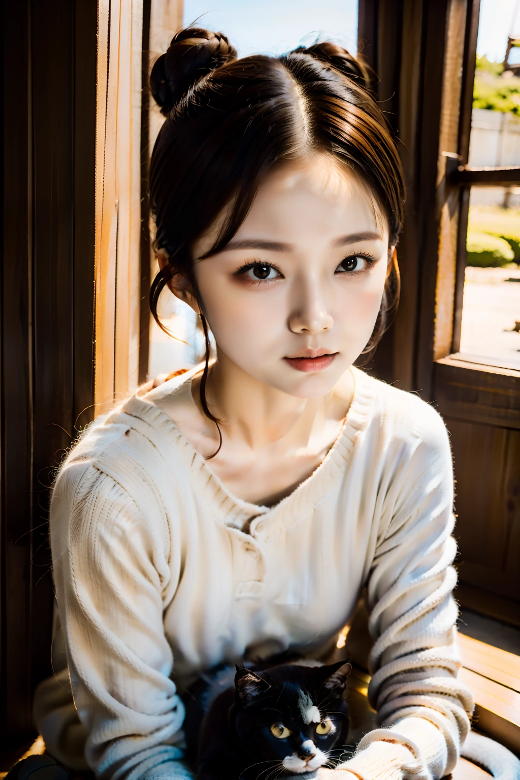 top-quality、Girl holding a black cat、Cute little girl s、Bun hair with brown hair tied、cat、Natural look、longshot、Natural light