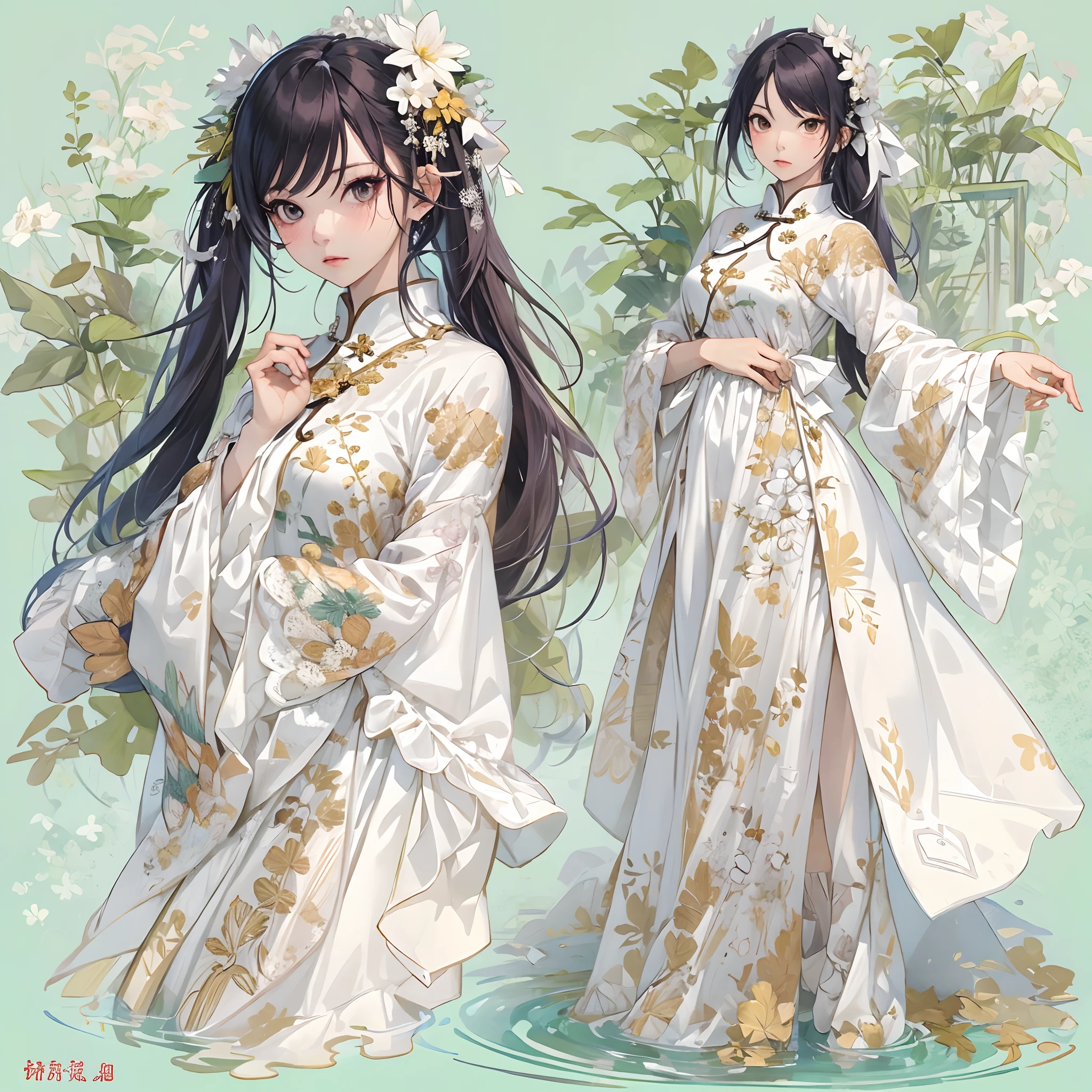 ((Masterpiece, Highest quality)), Detailed face, CharacterDesignSheet, full bodyesbian, Full of details, Multiple poses and expressions, Highly detailed, Depth, Many parts,white backgrounid,Beautiful Chinese girl,National style,estilo fantasia,Extremely beautiful,High Balance, Natural light, Lace,lacepantyhose,Bamboo forest waterfall,Ginkgo biloba decoration,Clover decoration