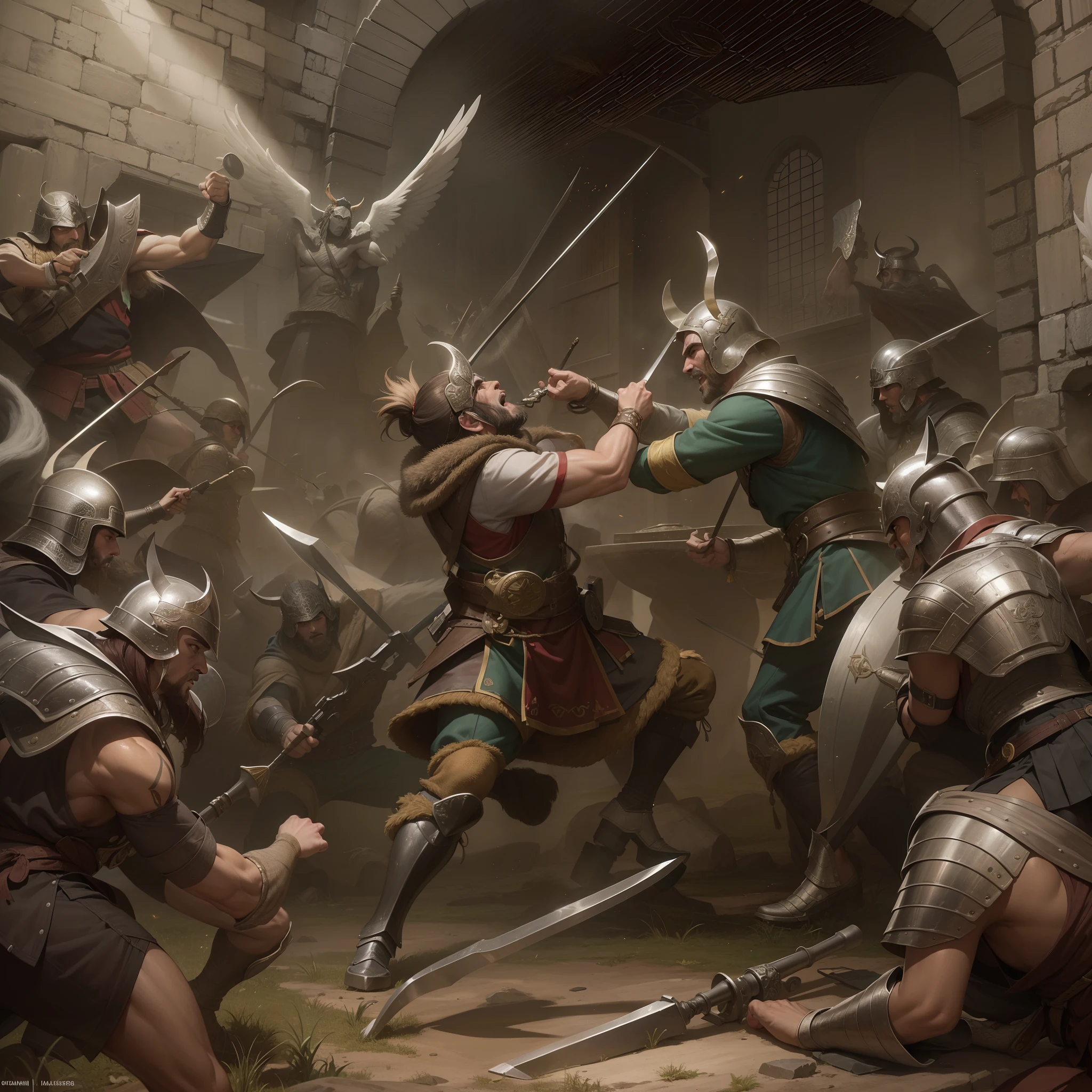 (La mejor calidad, Altas Resoluciones, fotorrealista:1.37), Ultra detallado, Hachas de guerra vikingas, resplandor celestial, Guerreros feroces, Antiguos campos de batalla, Guerreros de los dioses, Epic showdown, potencia intensa, Historical war, Dramatic lighting, Mystical aura, Armas divinas, Mythical battlefields, Lucha legendaria, Campeones heroicos, Fearless warriors, Leyendas antiguas, grito de guerra, Triunfo y gloria, immersive atmosphere, Epic combat, Escena impresionante, Mythical warriors, Old Norse, film-like composition, intense energy, Mythical heroes, mythical creatures, Fierce determination, Awesome action, dynamic poses, Choque monumental, Ethereal Beauty, Mythical realms, Mythical force, Divine Intervention