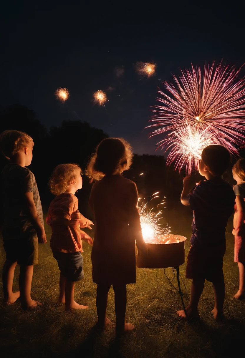 Uma cena de magia e encantamento: Children gathering around a firework display, looking up at the sky in awe.