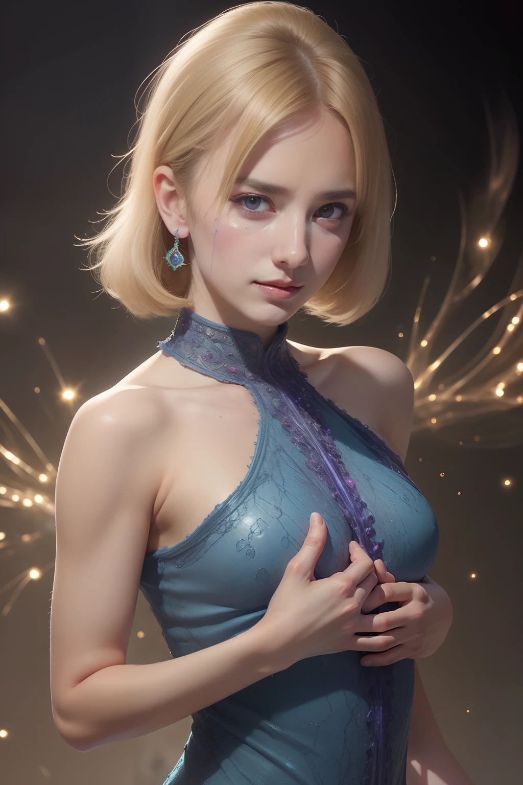(Expression of ecstasy:1.2), From Side, Photorealistic, Official art, Unity 8k wallpapr, 8K Portrait, Best Quality, Very high resolution, (Incredibly beautiful nature background:1.6), One girl, One beautiful age italian girl, sixteen years old, Obscene, (Sexy and glamorous:1.1), (A coquettish expression:1.6), (small breasts with raised pink areolas,,,:1.6), Vulgarity, (seductively smiling:1.2), (full body1.0), (erotic posing:1.5), (Magic Attack Pose:1.6),(magical effects like sparkles or energy:1.5), (Electric shock from hands:1.1), (Detailed blue bodysuit with beautiful fractal or marble design:1.5), (Beautiful and d delicate ruby, topaz, emerald and sapphire jewelry:1.45),  Beautiful seductive face, Portrait, (Thick eyebrows:1.2), (Big purple eyes:1.2), Beautiful eyes with fine symmetry, (Ultra detailed eyes:1.4), (High resolution eyes:1.1), Intimate face, (ultra detailed skin texture:1.4), White skin, pale skin, Perfect Anatomy, Thin, (Beautiful toned body:1.1), Hair Bow, (Moist skin:1.1), full of sweat, No makeup, dark circles, Good anatomy, Focus Face, Good looking ing, (Emilia Clark:0.6)  (Emma watson:0.3),(Jennifer Connelly:0.4), (sensual face:1.5), Elegant face, Nice, Dolce, Cyberpunk Sci-Fi, (Gauntlets with intricate and beautiful designs:1.2), Blurred background, Blurred foreground, depth of fields, (Motion Blur:1.1), Complex and colorful biomechanical bodysuit, Zentangle, mandalas, Entangled,  (Small breasts:1.2), Sheer breast, (Beautiful:1.2), (NSFW:1.2), large hips, drivel,  Juice stain, grabbing on breasts,