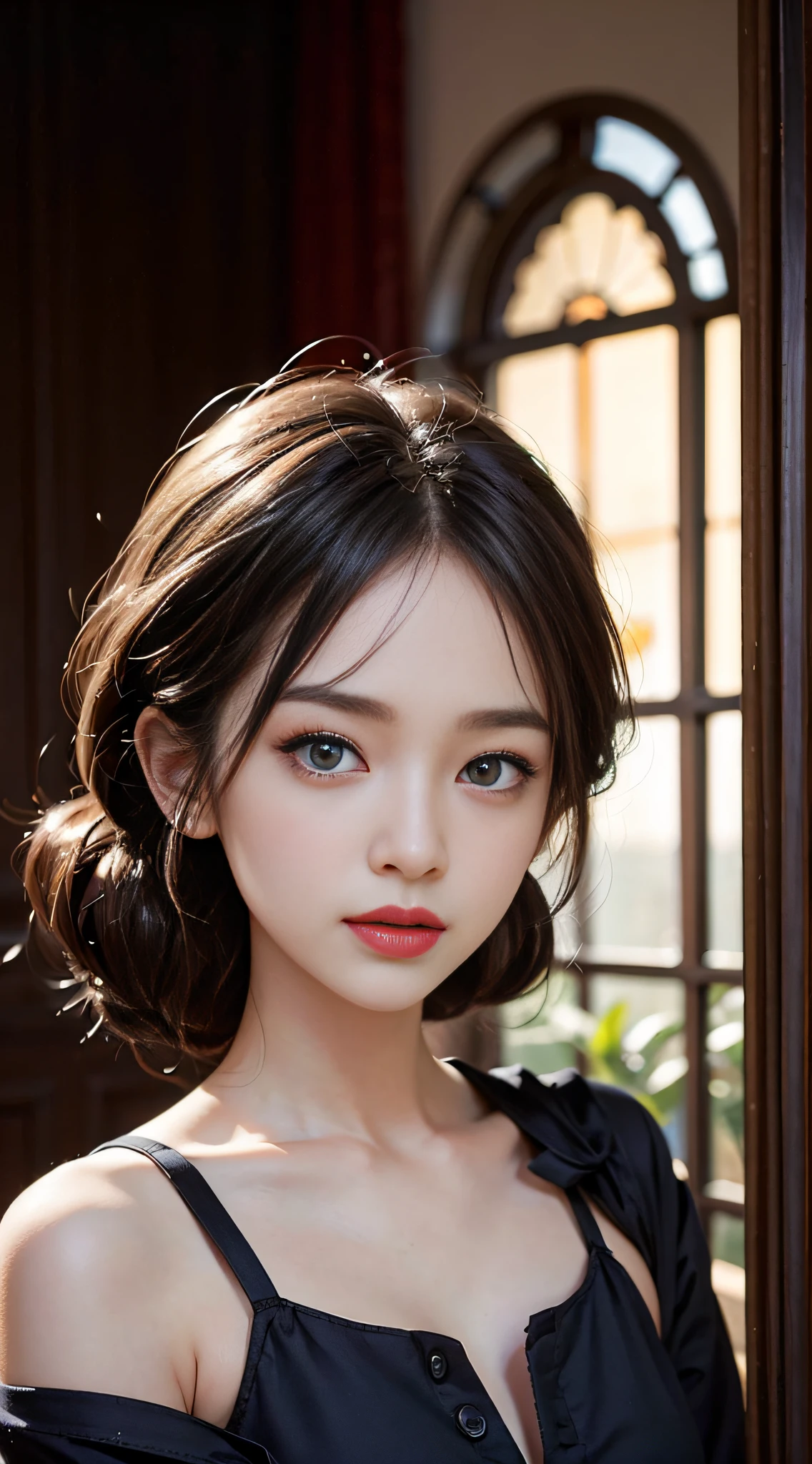 ((masterpiece:1.4)、(top-quality:1.4)、(reallistic:1.7))、masuter piece:1.4、kawaii girl、Portrait photo of a girl、Close-up photos、Upper body photography、beautiful countenance、kawaii faces、A detailed eye、Draw the eyes clearly, Beautiful and attractive eyes、beautidful eyes、Narrow waist、poneyTail、Raw photo、red-lips、1 screen display、