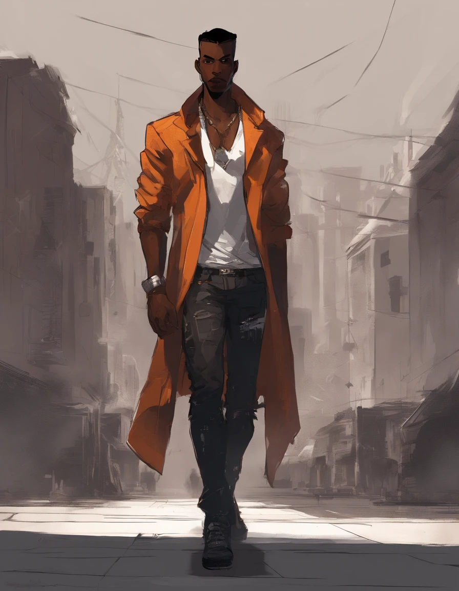 (((black:1.5, brown:1.1, white:1.3))) Semirealistic style, masterpiece, best quality, black skinned adult male, late 20s, A black teenager, character, very tall, muscular, with short hair, brown eyes, solo, this man has a burn mark in the left side of his face. He is wearing a white tank top and dark orange unzipped jacket, his leg wear consists of blue jeans, and a silver necklace. 8k, artstation, sharp focus, high details, standing on a city street, official artwork, official art, album art,