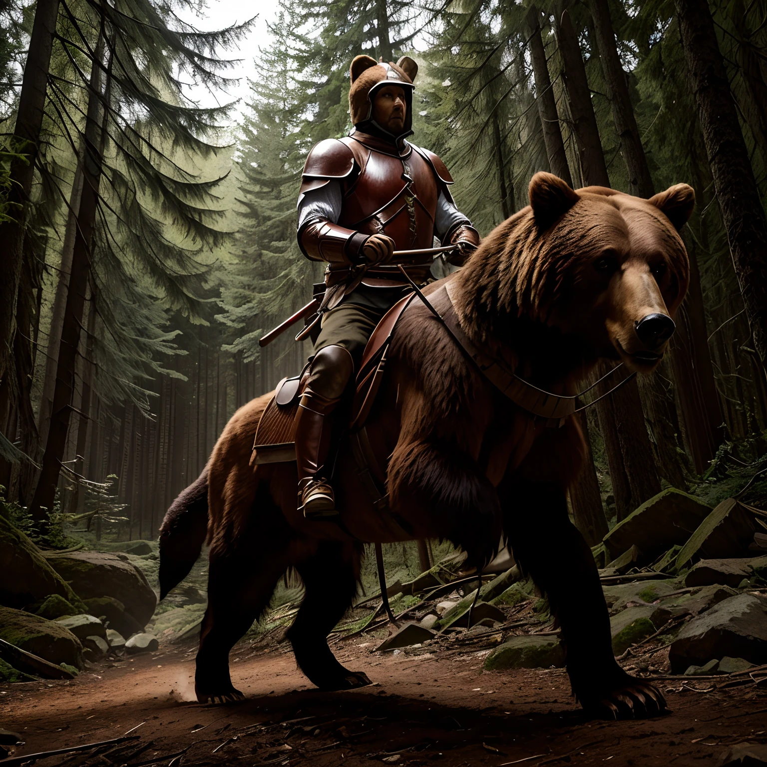 Experience model: brown bear running through the morning forest , His legs are visible , About the bear , ember, dressed in armor, Sitting on horseback , The legs of a man in stirrups are visible, attached to a bear; ,A man holds on to a bear's neck with one hand , In his other hand he holds a spear , Front light .