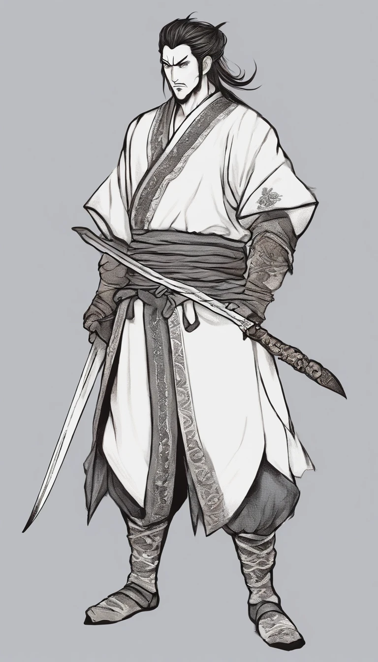 middle aged man, Evil painting style, A high resolution, Black color hair, Half is the body of a demon,Half a demon face, Chinese Warrior, Delicate three-dimensional blue flame demon face, sbeard, Wearing a hat, Expression of anger, Perfect body proportions, kaftan, Black and white robes, A scabbard hangs from his waist, Handsome, Full body view, standing on your feet, (White background:1.3), swordsman, He held a long knife that was wide and heavy in his hand。。。。。。。。。。, Face the lens, (Blackn clothes:0.8), High detail, Masterpiece, ccurate, Anatomically correct, Textured skin