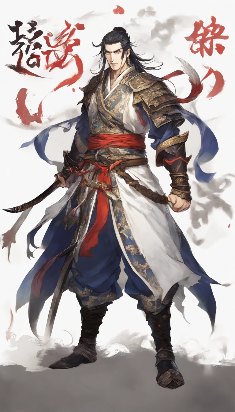 middle aged man, Evil painting style, A high resolution, Black color hair, Half is the body of a demon,Half a demon face, Chinese Warrior, Delicate three-dimensional blue flame demon face, sbeard, Wearing a hat, Expression of anger, Perfect body proportions, kaftan, Black and white robes, A scabbard hangs from his waist, Handsome, Full body view, standing on your feet, (White background:1.3), swordsman, He held a long knife that was wide and heavy in his hand。。。。。。。。。。, Face the lens, (Blackn clothes:0.8), High detail, Masterpiece, ccurate, Anatomically correct, Textured skin