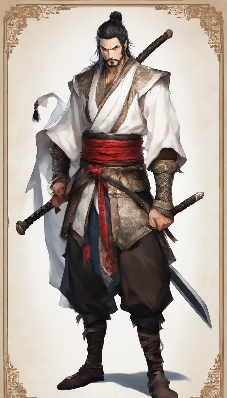 middle aged man, Evil painting style, A high resolution, Black color hair, Half is the body of a demon,Half a demon face, Chinese Warrior, Delicate three-dimensional blue flame demon face, sbeard, Wearing a hat, Expression of anger, Perfect body proportions, kaftan, Black and white robes, A scabbard hangs from his waist, Handsome, Full body view, standing on your feet, (White background:1.3), swordsman, He held a long knife that was wide and heavy in his hand。。。。。。。。。。, Face the lens, (Blackn clothes:0.8), High detail, Masterpiece, ccurate, Anatomically correct, Textured skin