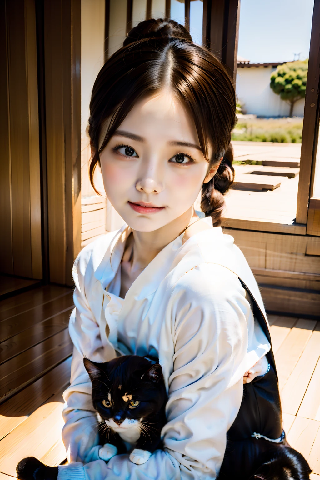 top-quality、Girl holding a black cat、 s、Bun hair with brown hair tied、Smirking expression、cat、Natural look、longshot、Natural light