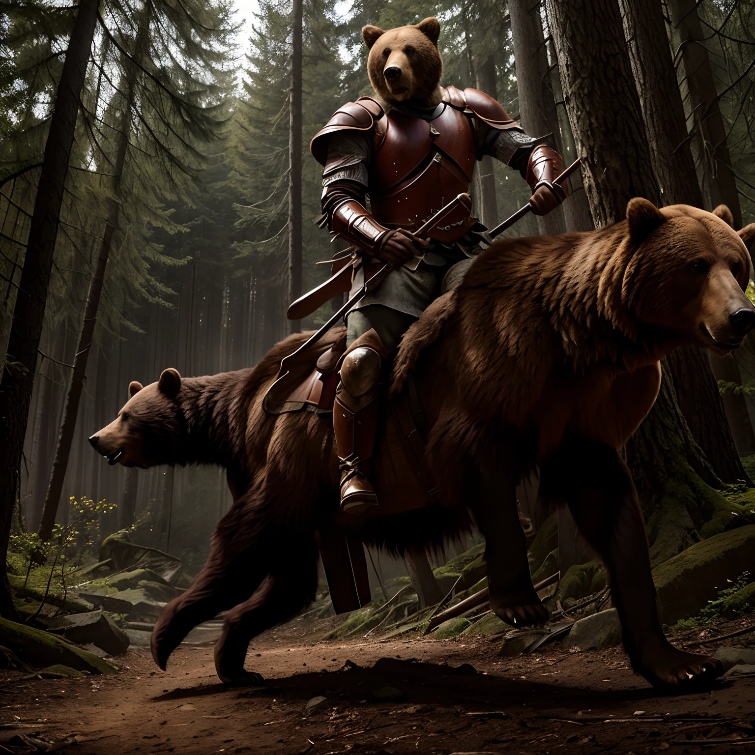 Experience model: brown bear running through the morning forest , His legs are visible , About the bear , ember, dressed in armor, Sitting on horseback , The legs of a man in stirrups are visible, attached to a bear; ,A man holds on to a bear's neck with one hand , In his other hand he holds a spear , Front light .