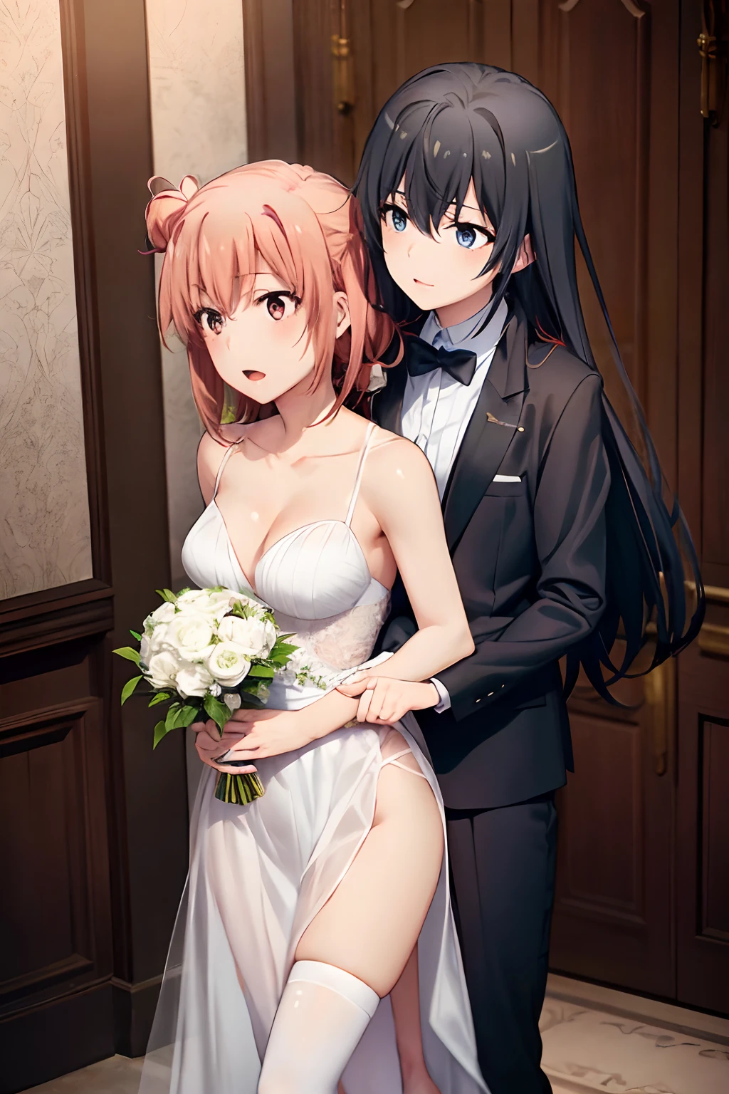 2 girls, Yuri, Yukinoshita Yukino, Yuigahama Yui, Yukinoshita wears a tuxedo and jeans, Yuigahama in bridal dress, lesbian , bridal carry+++