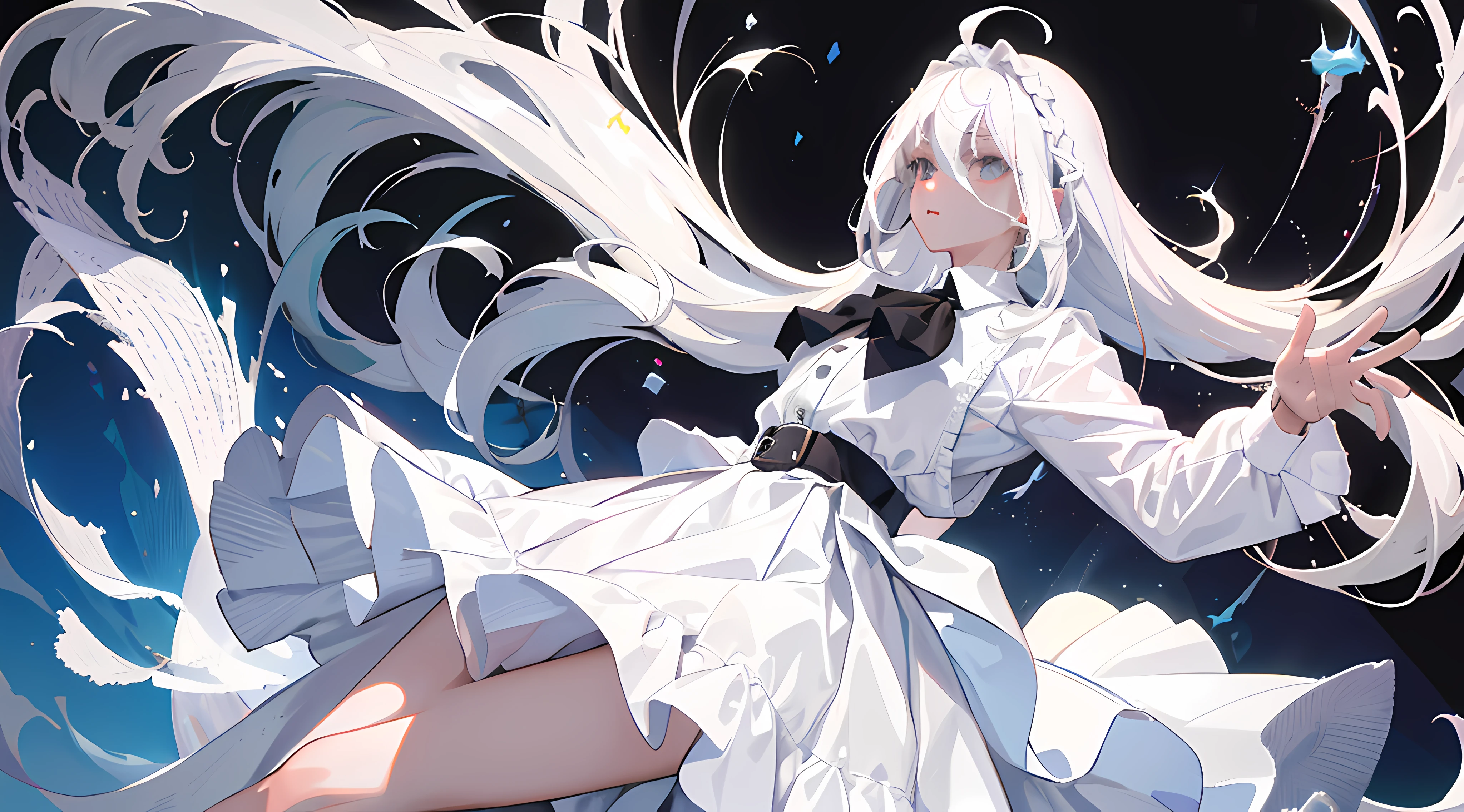 ((masterpiece, best quality)), (1girl), (solo), (female focus), (ahoge, white hair, long hair), black eyes, ((white shirt), (buttoned shirt)), ((black skirt), (short skirt)), arms behind back, gamer