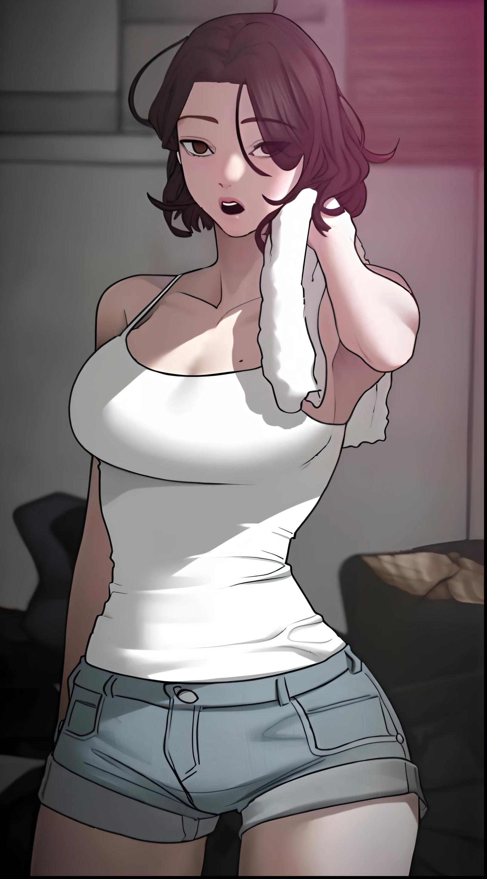 (perfect body),highest quality,(8K portrait),(anime screen cap)、(nsfw)、sex、,Are crying、Sweat,((big breasts))、(black hair),((bob cut))、red eyes,(thick thighs),big ass、swollen nipples、Light blue lace panties、adult woman、(((embarrassing)))、((Dark concrete room))、obesity、((Hands restrained behind the head))、((both armpits))、lying on the floor、legs spread ,glasses、fucked silly,vulgarity,straddling,sweat,drooling,pussy juice,spread her pussy,