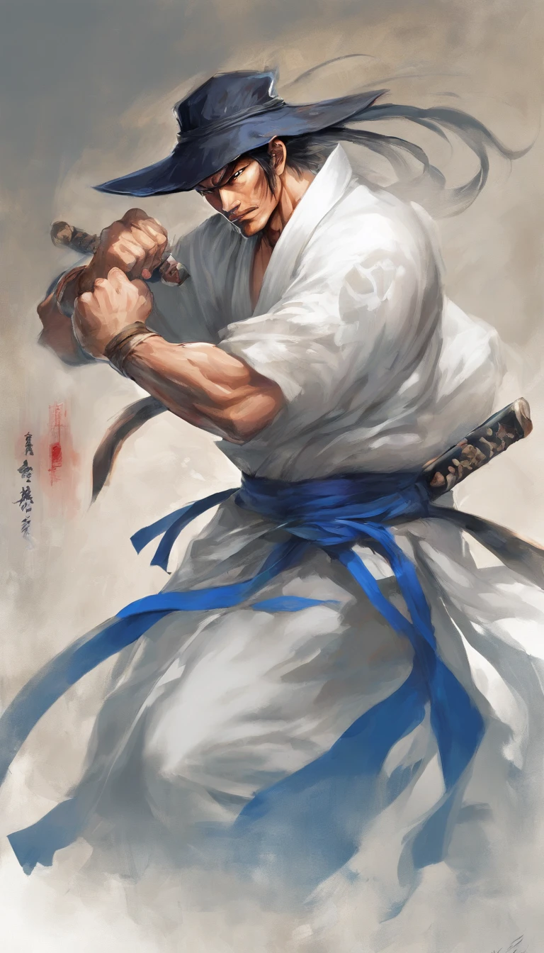 middle aged man, Evil painting style, A high resolution, Black color hair, Half is the body of a demon,Half a demon face, Chinese Warrior, Delicate three-dimensional blue flame demon face, sbeard, Wearing a hat, Expression of anger, Perfect body proportions, kaftan, Black and white robes, A scabbard hangs from his waist, Handsome, Full body view, standing on your feet, (White background:1.3), swordsman, He held a long knife that was wide and heavy in his hand。。。。。。。。。。。, Face the lens, (Blackn clothes:0.8), High detail, Masterpiece, ccurate, Anatomically correct, Textured skin