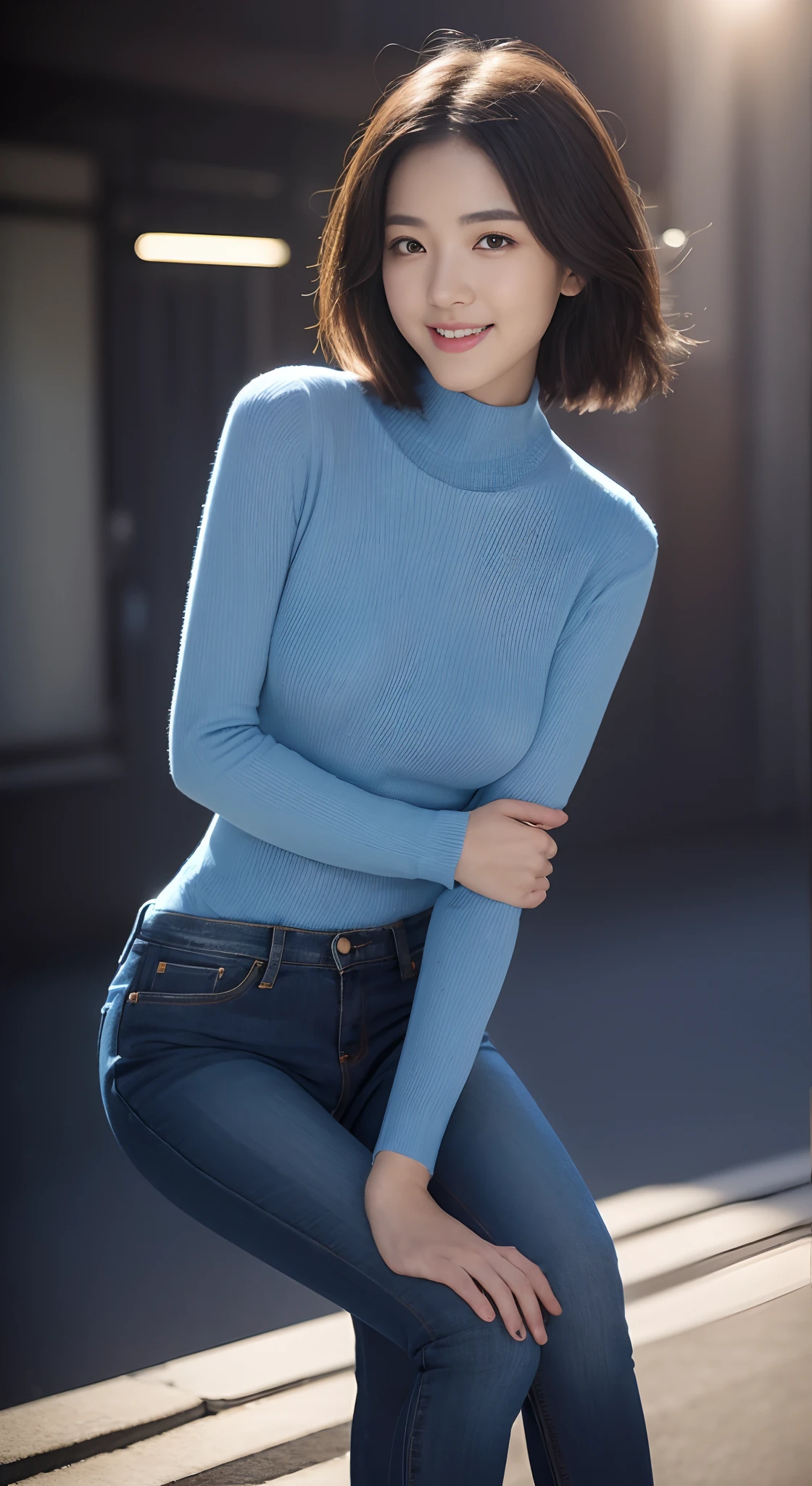 (master piece), RAW photo, ((extremly detailed)), high quality, best quality, ultra-high detail, ultra-high quality, ultra-high realistic, rendering high realistic, (1girl, solo), beautiful, the best lighting, muscular, Mature woman, perfect body, sexy body, looks at the viewer, Maternal, shiny skin, oiled skin, seductive, little smile, sexy smile, big breast, huge breast, large breast, shiny skin, oiled skin, gloosy skin, (((blue eyes))), (((brown hair, straight pixie bob hair))), (((long sleeves mini sweater dress turtleneck, blue sweater dress))), ((thigh high boots, long boots for women)), morning, outdoor, ((central prak)), ((beautiful central park)), realistic central park, detail background, realistic background, ultra detail, 8K, 16K, ultra HD, high realistic, ultra-high resolution, high resolution, the best resolution, detail hands, detail face, detail anatomy, detail body, (high detail), detail arms, detail fingers, the best all proportions, detail legs, detail nails, detail intricated, (portrait), the best pictures, hdr, dslr, fix, fit, full color, ((realistic)), ((photorealistic)), enhance, detail pose, perfect pose, the best proportion pose, soft light, natural light, profecional light, realistic light, detailed light, professional, amazing, slender, narrow waist, whores, thighhighs, (standing), ((from front)), vivid color, sexy pose, full body, realistic visual, best visual, seo ye ji