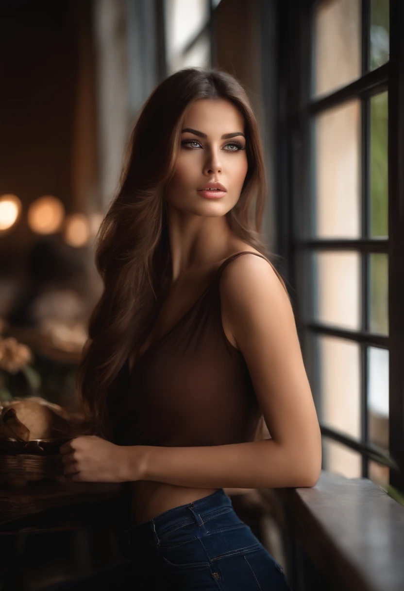 A woman with long brown hair and tight top and pants, tient un cafe Tumblr, visage innocent, evil face, digital art, beau visage attrayant, beautiful model girl, extremely beautiful face, very beautiful sexy girl, , beautiful girl model, photo of a beautiful woman, seductive girl, mignon beau, Very beautiful young woman, visage sexy avec maquillage complet, attractive female face!!!, magnifique visage attrayant