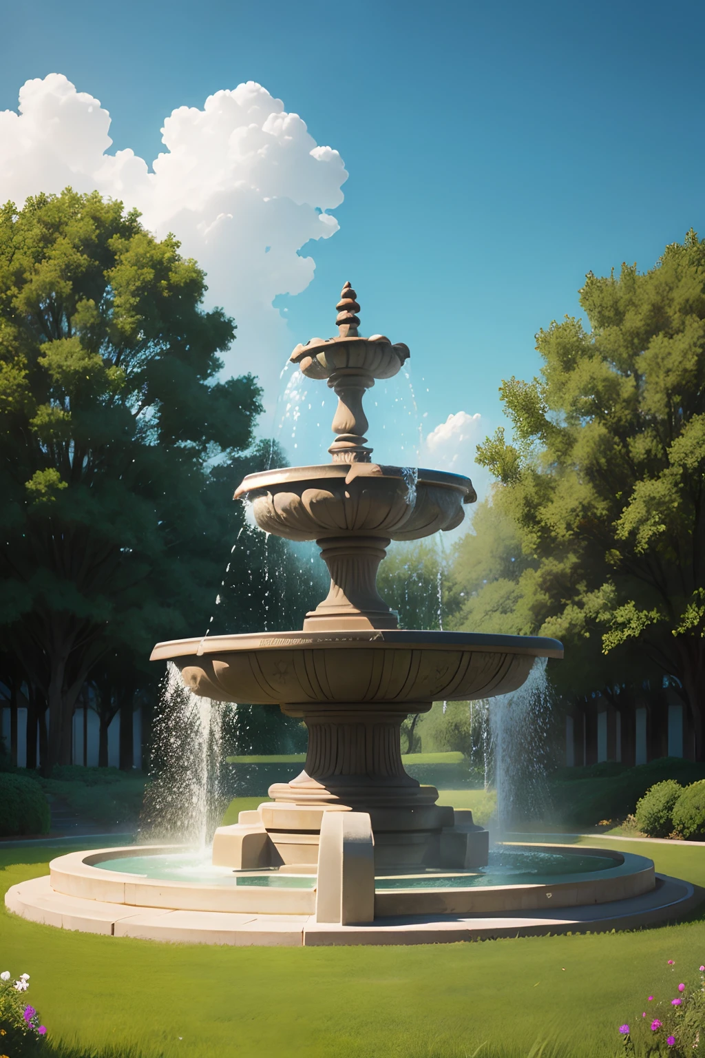 a beautiful fountain in a grassy field