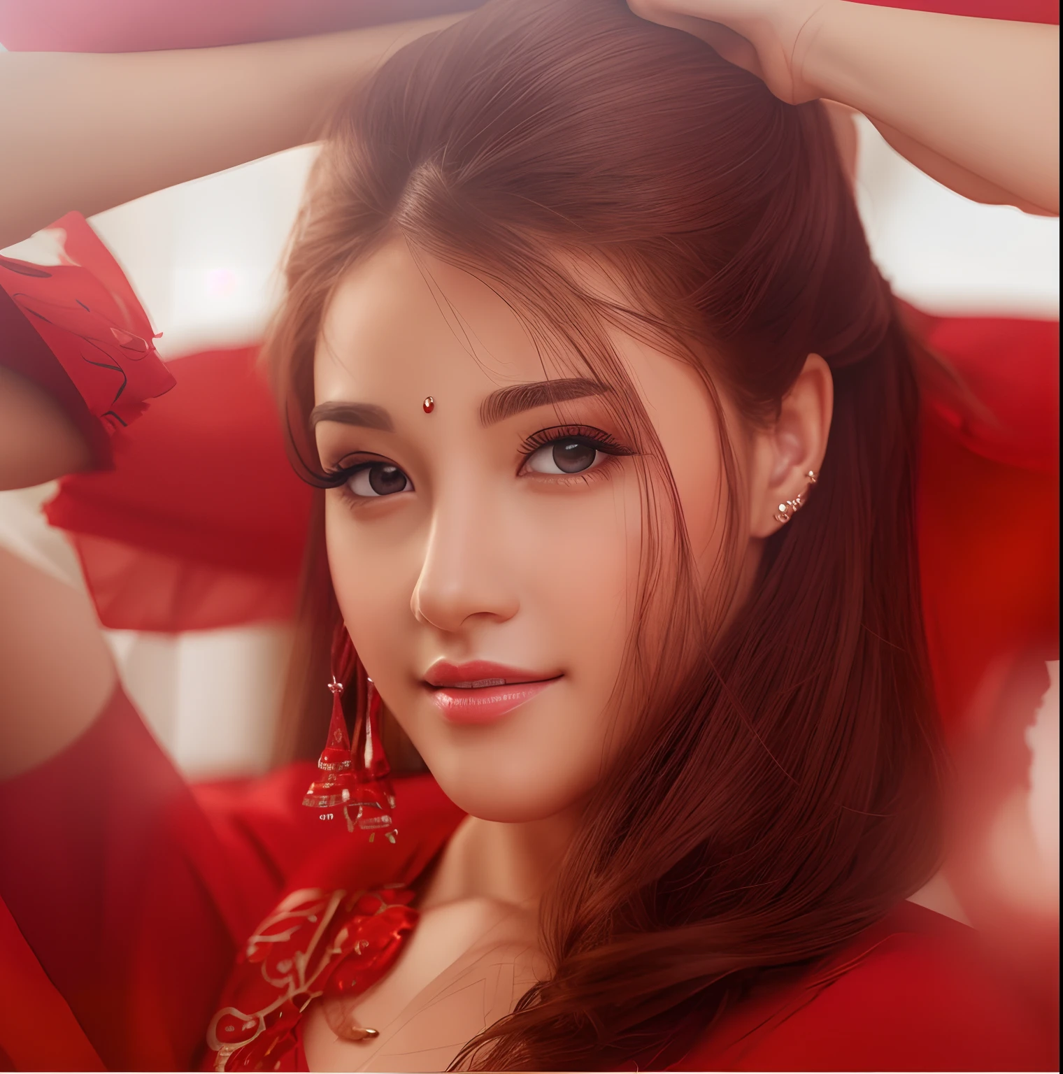 realistic face , cute , home background, 8k, clear eyes, beautiful lips , smooth skin, beautiful earrings, HD, wearing same red dress realistic, same hairstyle