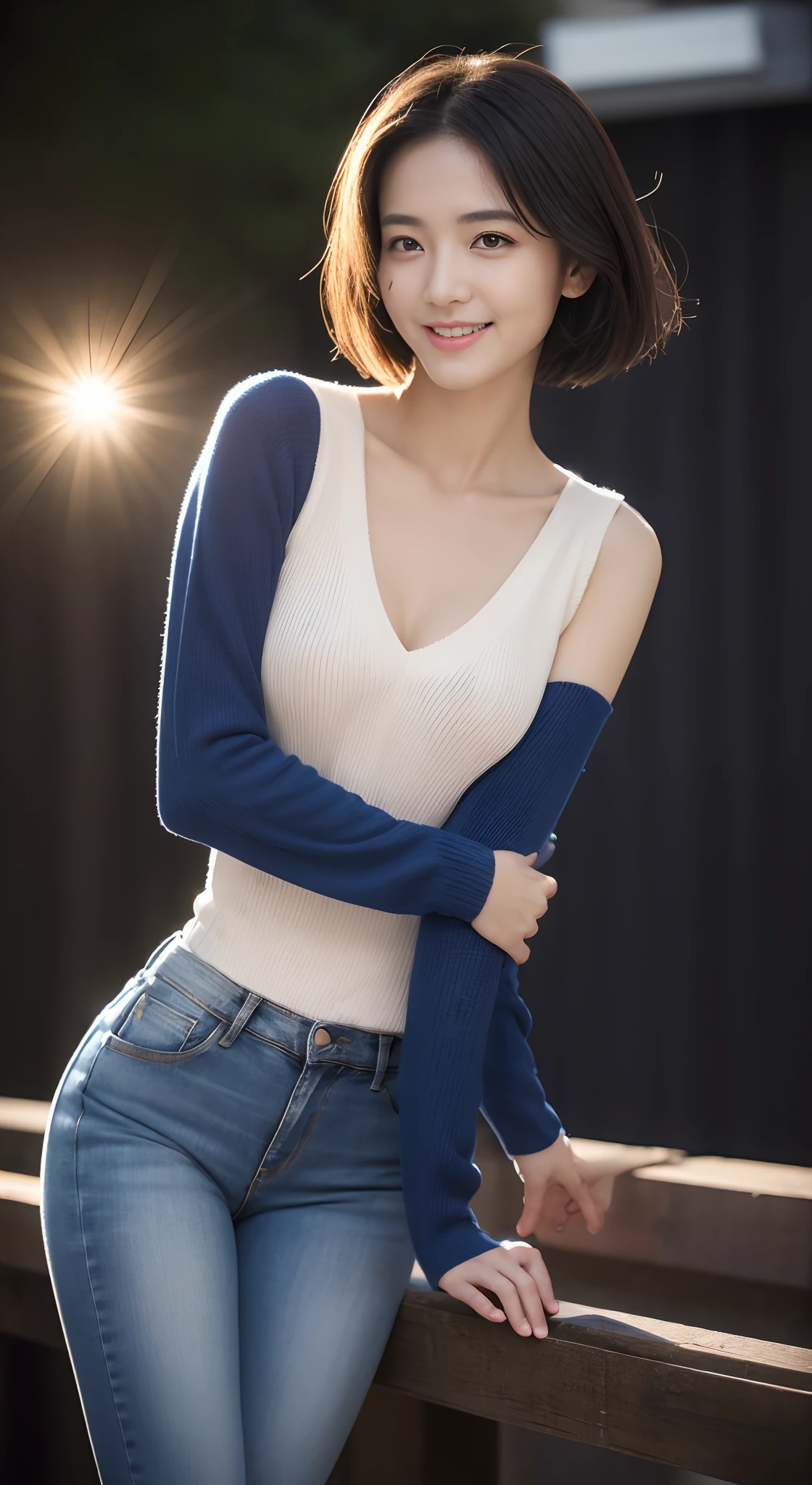 (skin blemish:1.2), (skin indentation), dark circles, 1womanl, 25 age old, (((woman))), Solo, Realistic, Best quality, Photorealistic, Mastery, 8K, A high resolution, Solo, Extremely detailed face, (Professional lighting,Bokeh),(light particules,lens flare glow,Luminous Particle:0.6),(dynamicposes:1.2),gentlesoftlighting,Top corner view,Trendy atmosphere,jpn,the street,城市,toyko,ports,((In the daytime)), Skysky, ((looking at viewert:1)), (looks into camera), opulent, lovemaking,Dignified standing,Show off your figure,The posture is diverse, keep original facial proportion, Shave your shoulders, full bodyesbian, (Bigchest), (short detailed hair,bobo head), A brown-haired, Hair is delicate and soft,Fluttering, cparted lips, lipsticks, Seductive smile, ssmile, Open-mouthed, teeth, (Blue skinny sweater), (Wash blue)(skintight jeans),detailed outfits:1.5, eyeslashes, birthmark, (Moles under eyes: 1),Legs are well-proportioned, Slender and fair,A pair of lotus ankles are white and tender,without wearing shoes,Beautiful feet with meticulous details,Focus on the chest,standing on your feet,fully body photo