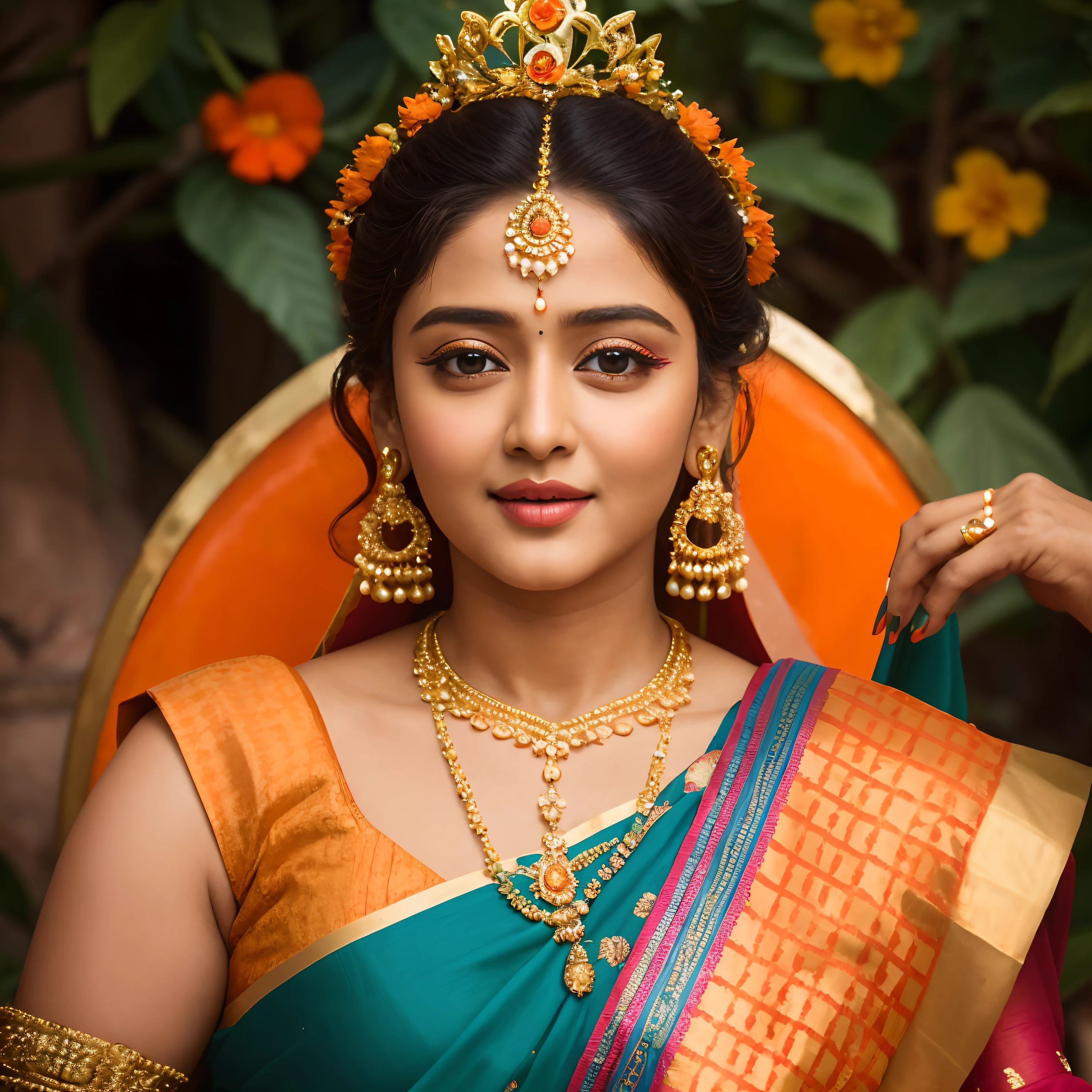 Looks like Anushka Shetty, a close up of a woman in a colorful dress with a flower in her hair, extremely gorgeous woman, matchless beauty, queen, very beautiful enga style, with colourful intricate, candid shot, traditional beauty, candid picture, orange details, wearing intricate, candid portrait photo, with kerala motifs, wearing an elegant tribal outfit, orange and turquoise, orange and teal color, * colour splash *, traditional, stunning visual,