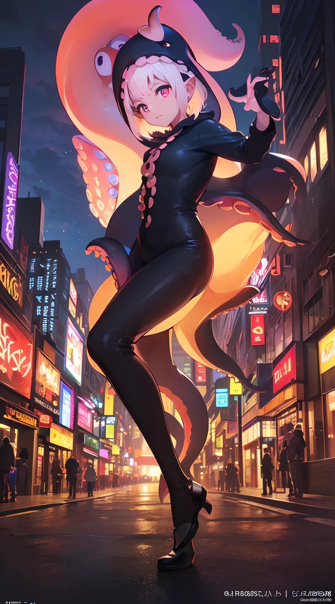 (Dynamic Angle:1.4), ((Full body posing:1.5), (Colorful:1.2), (Highly detailed CG Unity 16K wallpaper:1.1), (Denoising strength: 1.45), (tmasterpiece:1.37), ((Official art)), of the highest quality, (Realistic), Deformed Character, (Short-cut hair:1.2),(Octopus costume:1.5),Golden hair,Glowing eyes,(nice eyes:1.2),((Poses in motion:0.8)),((Octopus costume:1.3)),wires, (LED:1.3), (a hologram:1.2), futuristic city street, Neon light, Skyscrapers, (Night:1.2), (Rainbow Model:1.2), 8K resolution, (Anime style:1.3), Cinematic lighting, chromatic abberation, spark of light, Ray tracing, blending, ultra wide-angle,  Hasselblad, (masutepiece), (masutepiece), ((Best Quality)), ((masutepiece)), nffsw