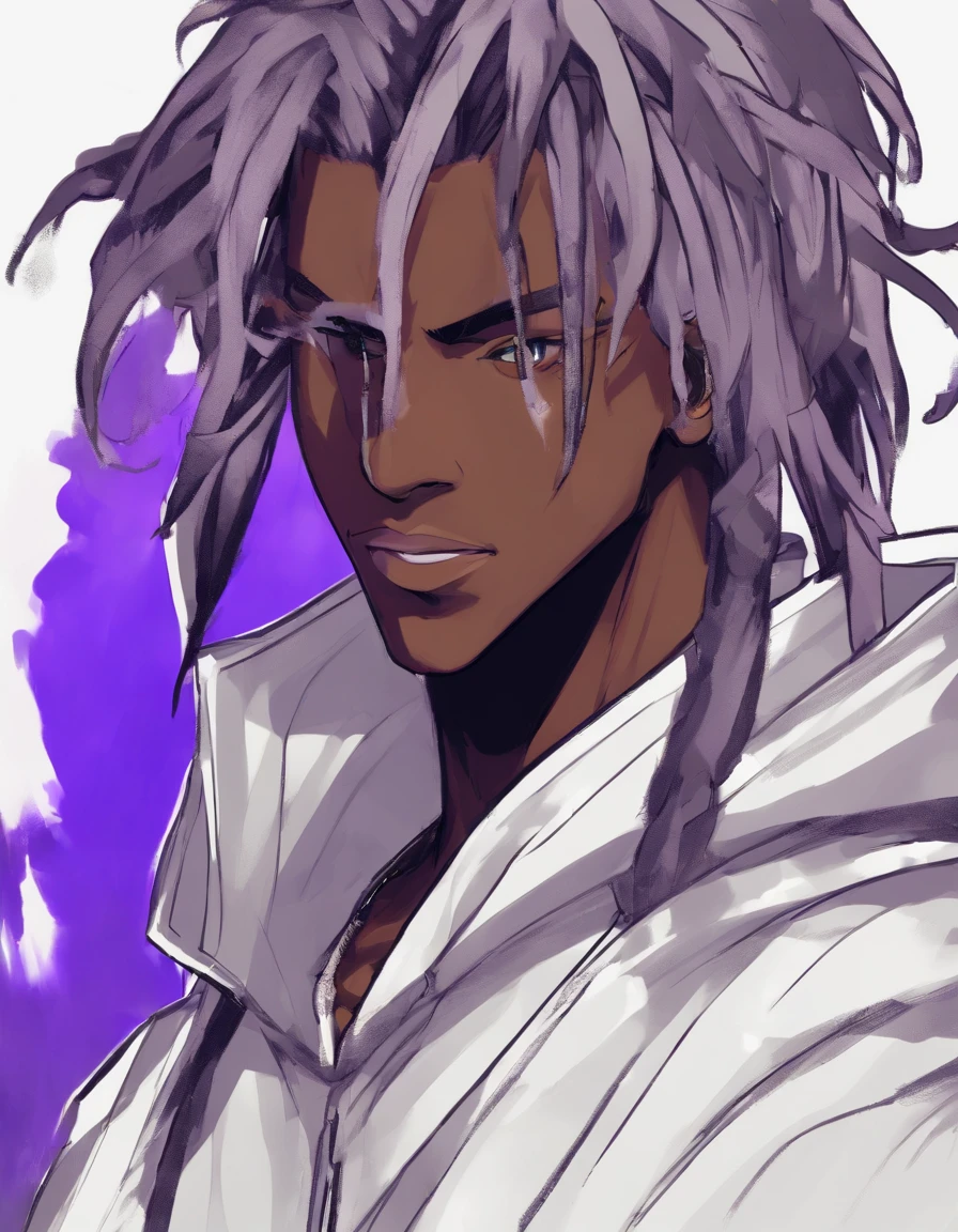 a drawing of an dark skin person with a black dreadlocks and a white shirt, wearing yin yang styled hoodie, halfbody portrait, tyler jacobson style, anime character, cel shaded:15, young anime man, androgynous appearance, shaggy dreadlocks, Smiling, hetrochromia(((blue eyes with purple irises,))),androgynous face, silver earrings, handsome face, blue eyes, light purple irises