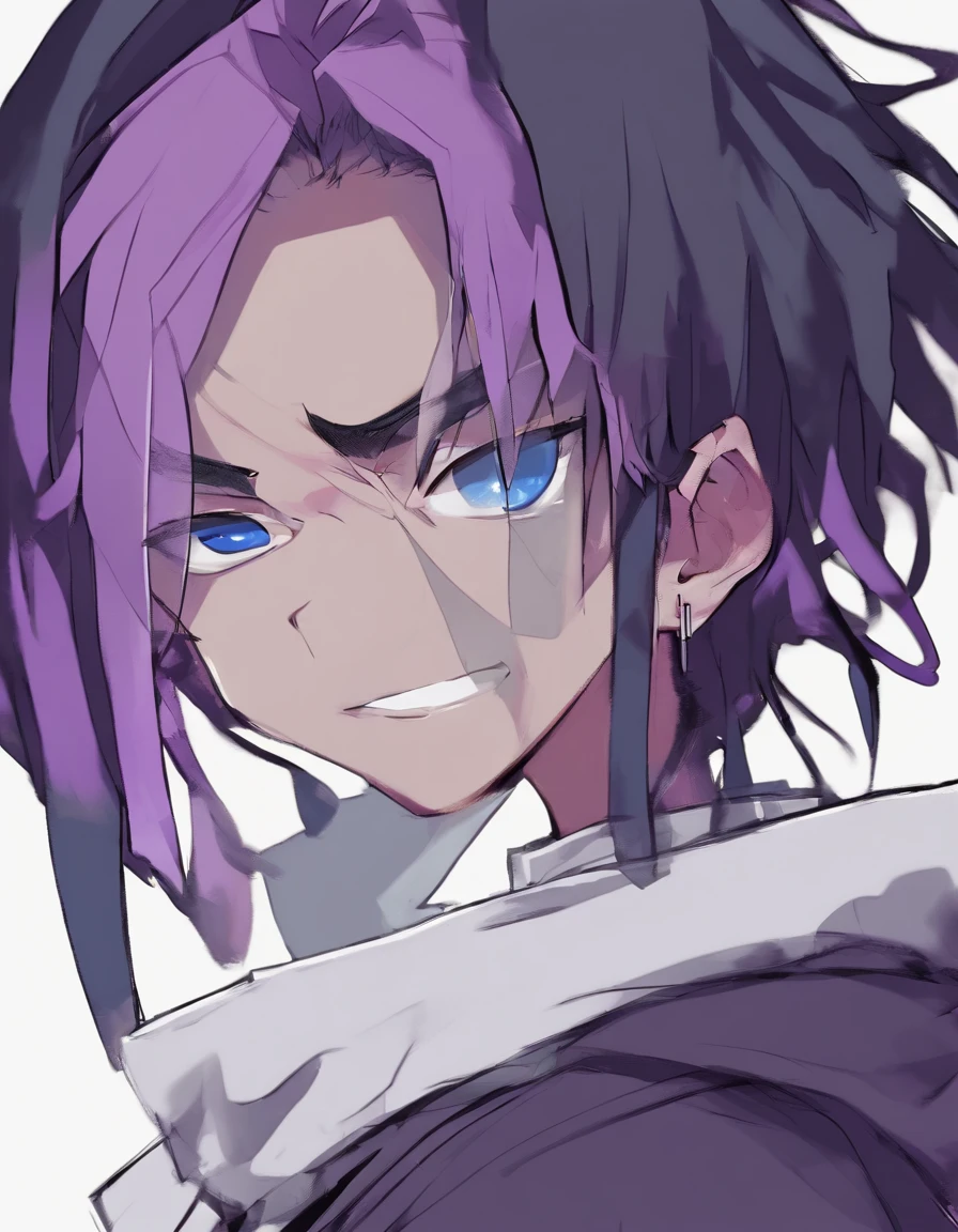 a drawing of an dark skin person with a black dreadlocks and a white shirt, wearing yin yang styled hoodie, halfbody portrait, tyler jacobson style, anime character, cel shaded:, young anime man, androgynous appearance, shaggy dreadlocks, Smiling, hetrochromia(((blue eyes with purple irises,))),androgynous face, silver earrings, handsome face, blue eyes, light purple irises