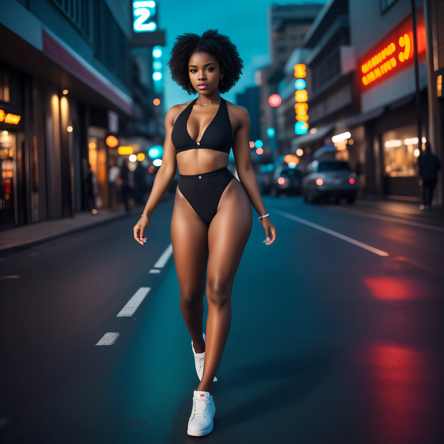 ((Black Girl)), sexy body, sexy legs, sexy clothes, Attractive Eyes, Excitatory body, Neon Urban Night Background Style, walking in the city, Beautiful, short, Groomed, short, Bright, curly hair on the head;, sexy pose, photo-realistic, hight resolution, 真实感, ((The appearance of a black girl is African-American))