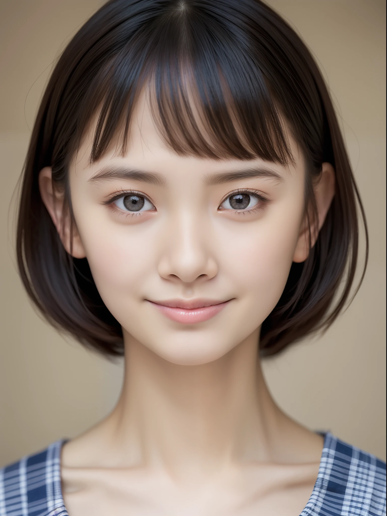 Neat and clean girl, petiterson, western clothes, (slim, Small, Flat, Small), Short black hair, Photorealistic, detail, Detailed skin texture, Ultra Detail, delicate sexy collarbone, Smile, Super Detailed Face, Detailed lips, Detailed eyes, (10years oirl)、Delte eyebrows、Little baby faceotography、watching at viewers、Horizont Studio、Professional Writing