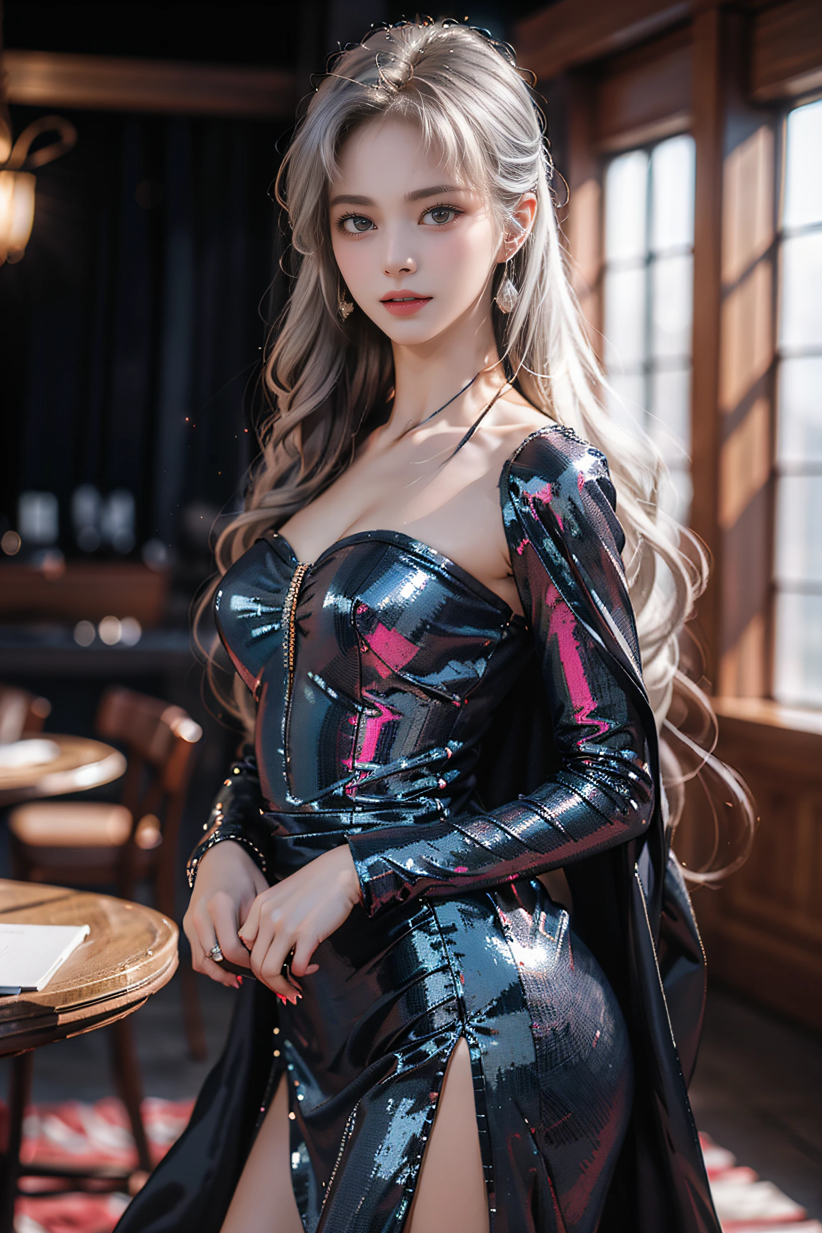 Top quality work,Photorealistic works,Ultra Premium Graphics,8K HD CG works,High-quality graphics,High-definition fine CG works,10x pixel,Ultra-fine details:1.1,Advanced technical details:1.1Photographically realistic,Indoor lighting effects:1.5,Natural light:1.5. light effect(Virtual Light Effects:1.8),超A high resolution,Shiny Blue Dress,Long silver hair,Silver hair,Transparent hair,High Detail Hair(Premium Hair Detail:1.1)Clear eyes,Good looking double eyelids,Sharp eye makeup, Delicate makeup for eyelashes, Thin eyebrows, ultradetailed eyes,High Nose, lovely red lips, Rose cheeks, Face with delicate makeup , Pretty Face, A perfectly proportioned face,(Advanced facial details:1.1)Collection of shiny blue luxury dresses,Blue Sequin Dresses,Sequin coat,shiny,Tight long skirt,Summer Sexy Hip Wrap Fishtail Sleeveless Commuter Maxi,Horse Stockings 100%Oil Gloss Panst Gloss Silk Luster 8D Black Silk Woman,stiletto heels,mitts,Beautiful long dresses,wonderful dress,Bright Red Series,Haute Couture Dresses Collection,Dress Photography,Authentic dress works,In the banquet hall,Women's Artwork,full-body view,Goddess of Dress,真实感,amazing,Today's eyes are bright
