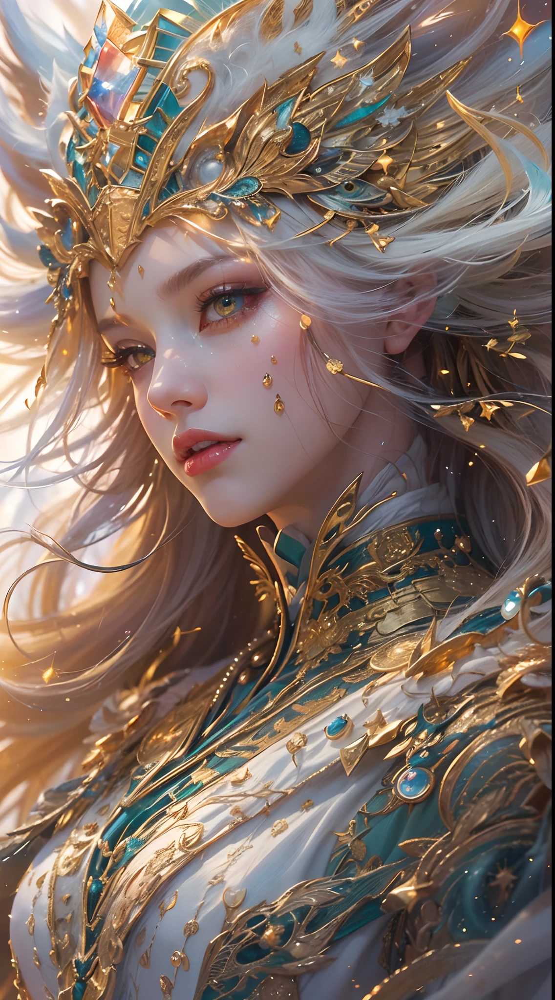 (masterpiece, top quality, best quality, official art, beautiful and aesthetic:1.2), (1girl), extreme detailed eyes, (fractal art:1.3), colorful, highest detailed, (perfect face), shiny skin, HDR, (white cloak golden lines:1.2), galaxy, (light streaks), striking visuals, (dynamic streaks, luminous trails:1.2), vibrant colors, (phoenix), (dragon)